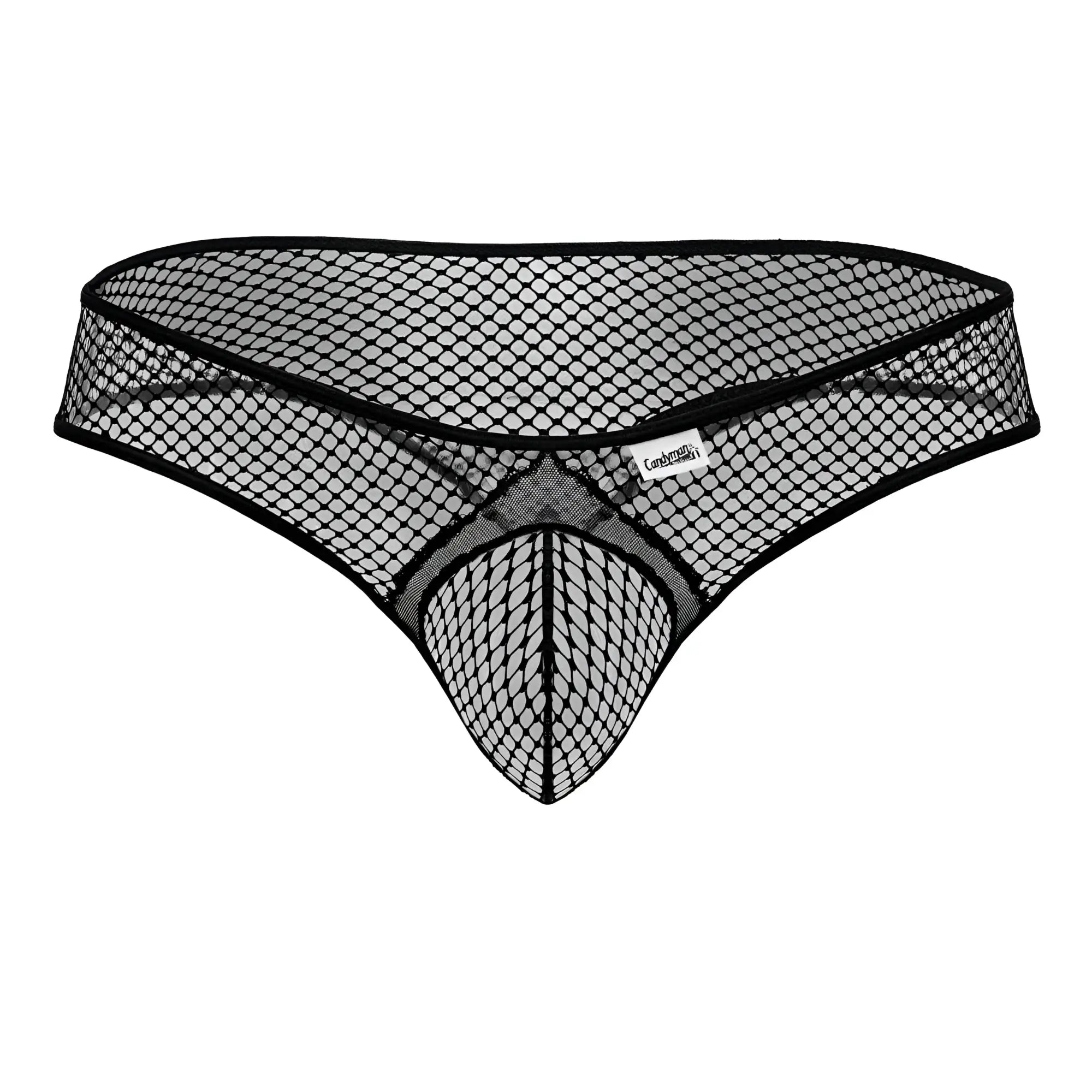 Black mesh thong candy man 99843 with diamond-patterned fishnet design and reinforced waistband