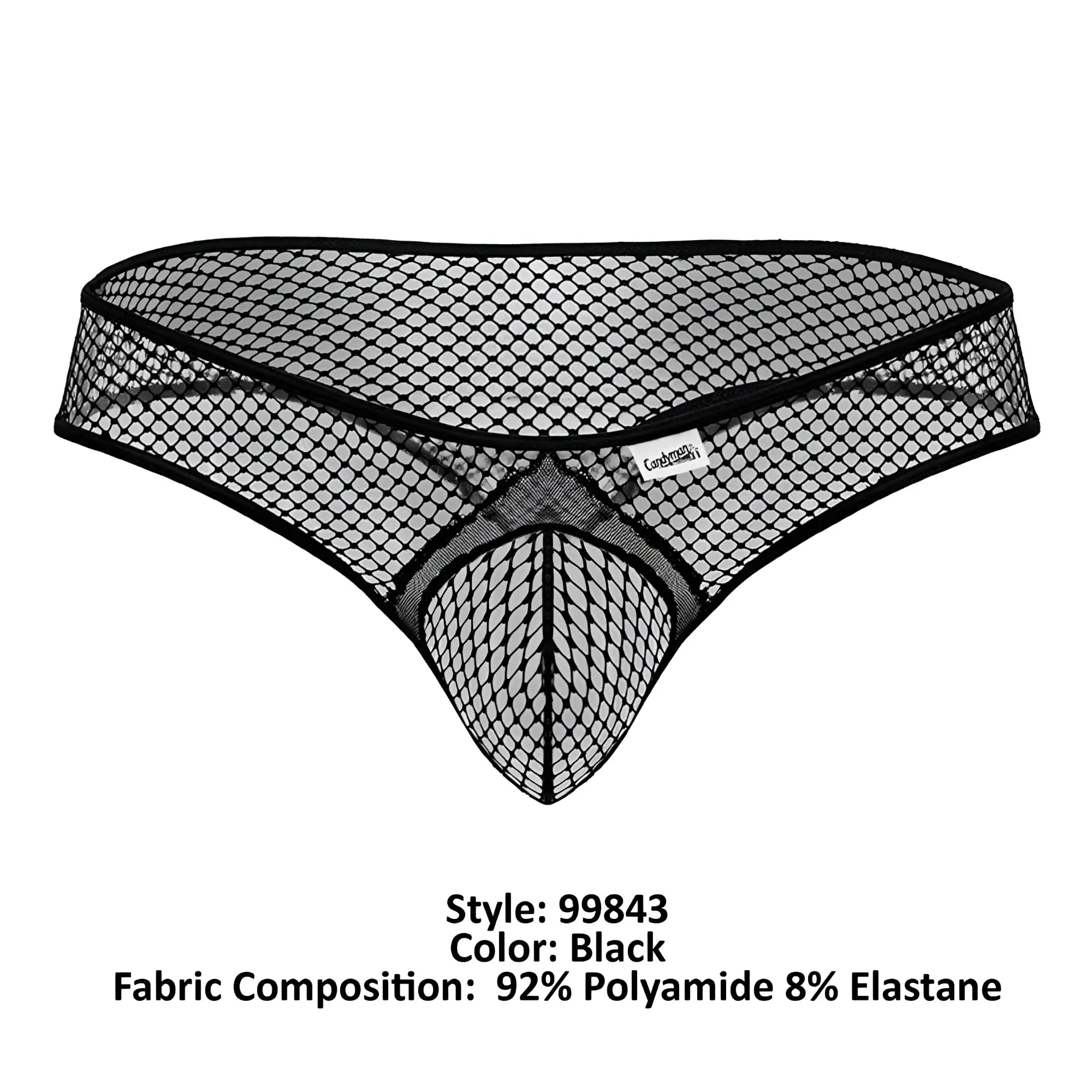 Black CandyMan 99843 fishnet thong with a mesh pattern and reinforced elastic waistband shown from the back side