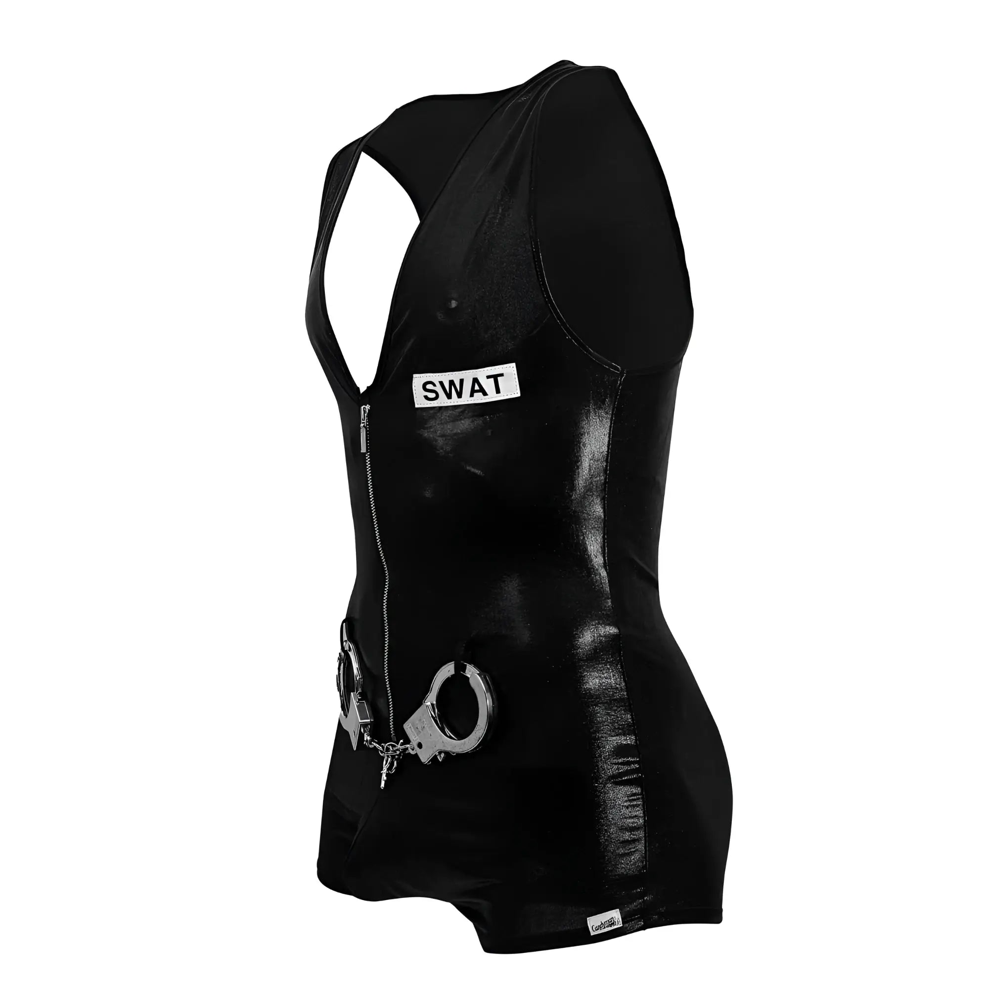 Black glossy vinyl swat vest candyMan 99844 with front zipper and attached silver handcuffs for police bodysuit use
