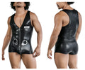 Black shiny vinyl swat-themed police bodysuit with front zipper and handcuffs attached to waistband candyMan 99844
