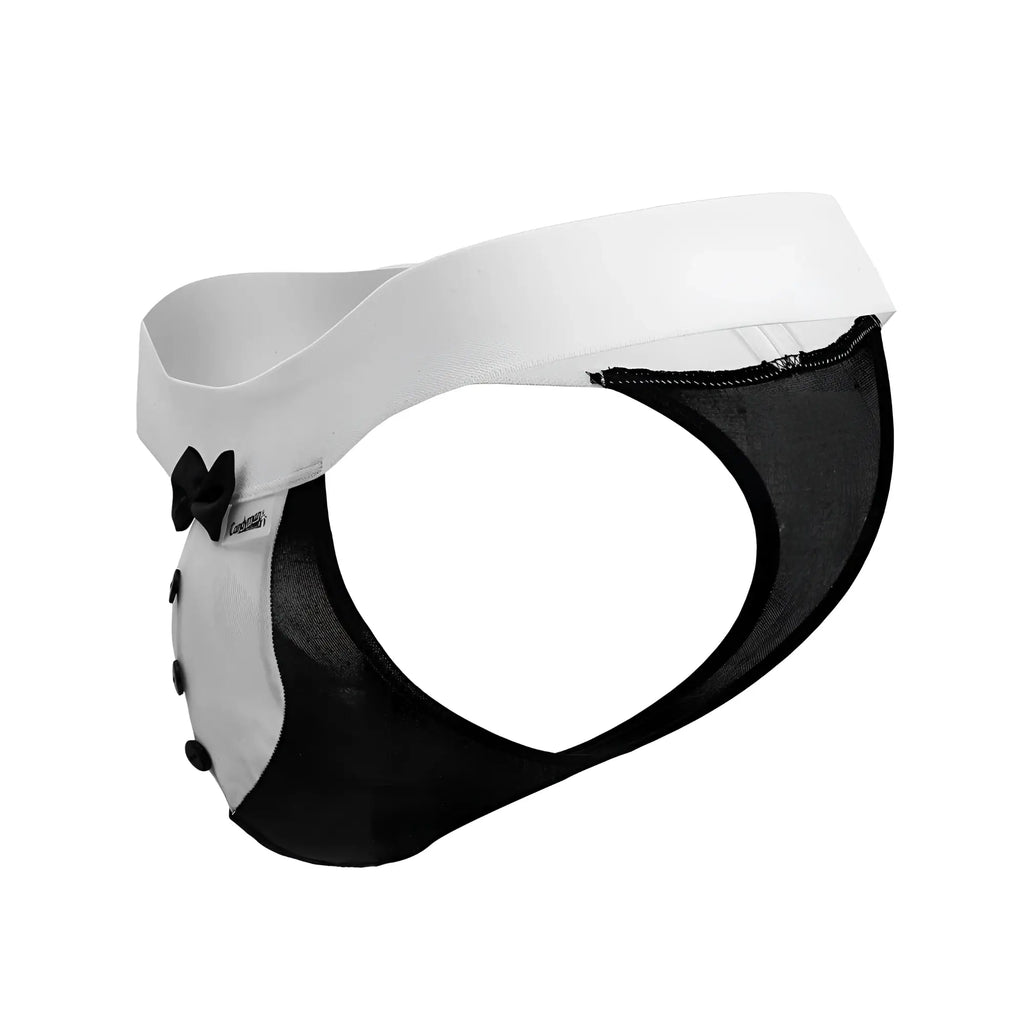 Black mesh CandyMan 99846 tuxedo thong with white bow detail designed for a sleek, sensual look