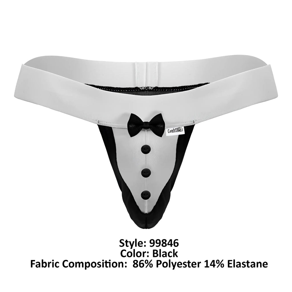 Black and white tuxedo thong with bow tie detail from candyman 99846 in black satin for playful lingerie wear