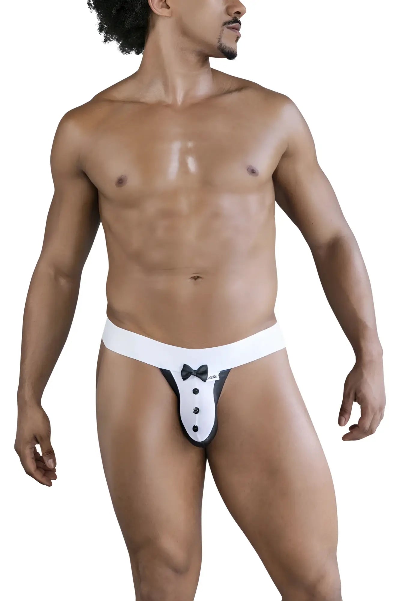 CandyMan 99846 tuxedo thong in black with white tuxedo print black bow tie and button details for stylish wear