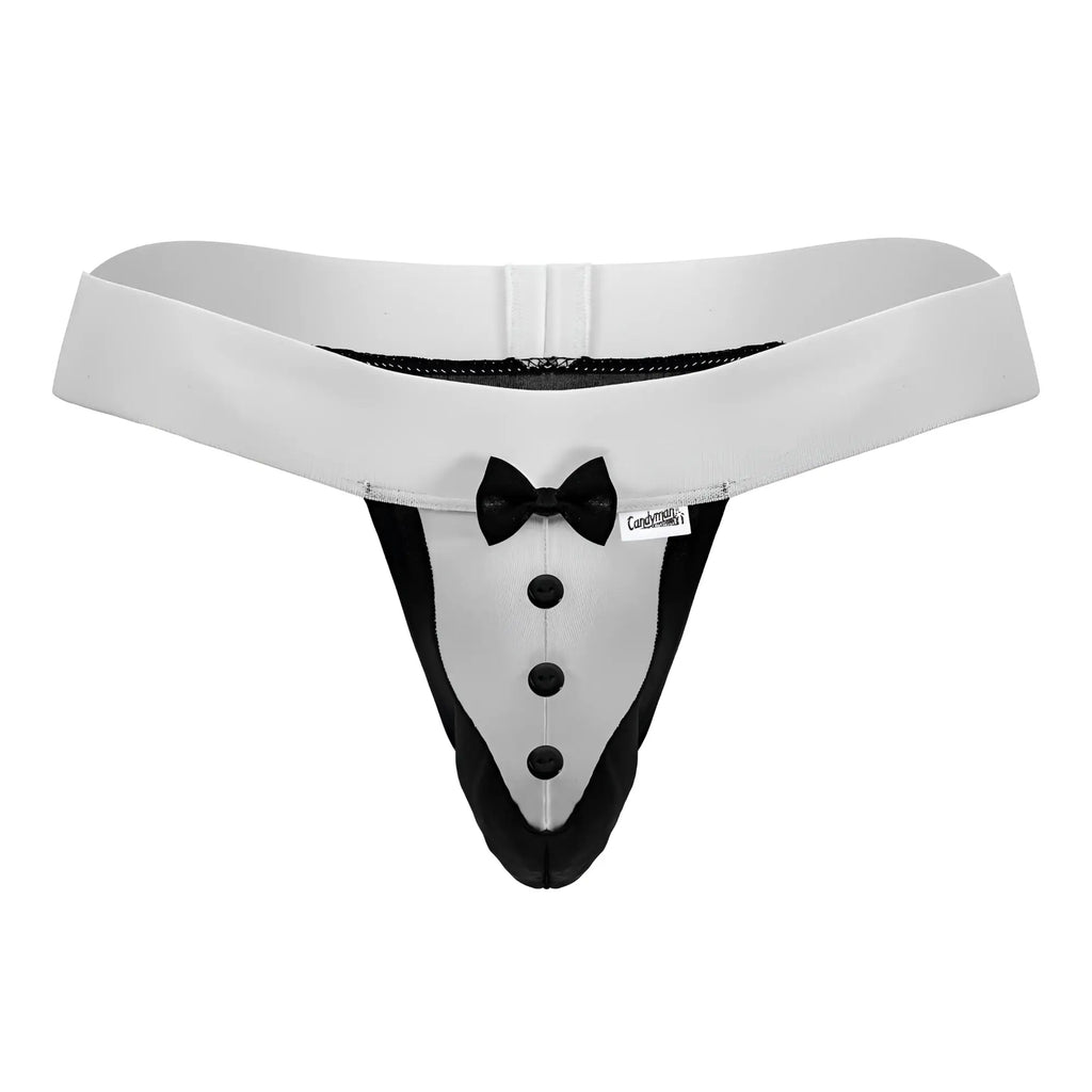 CandyMan 99846 tuxedo thong in white with black trim buttons and bow tie detail for stylish lingerie wear