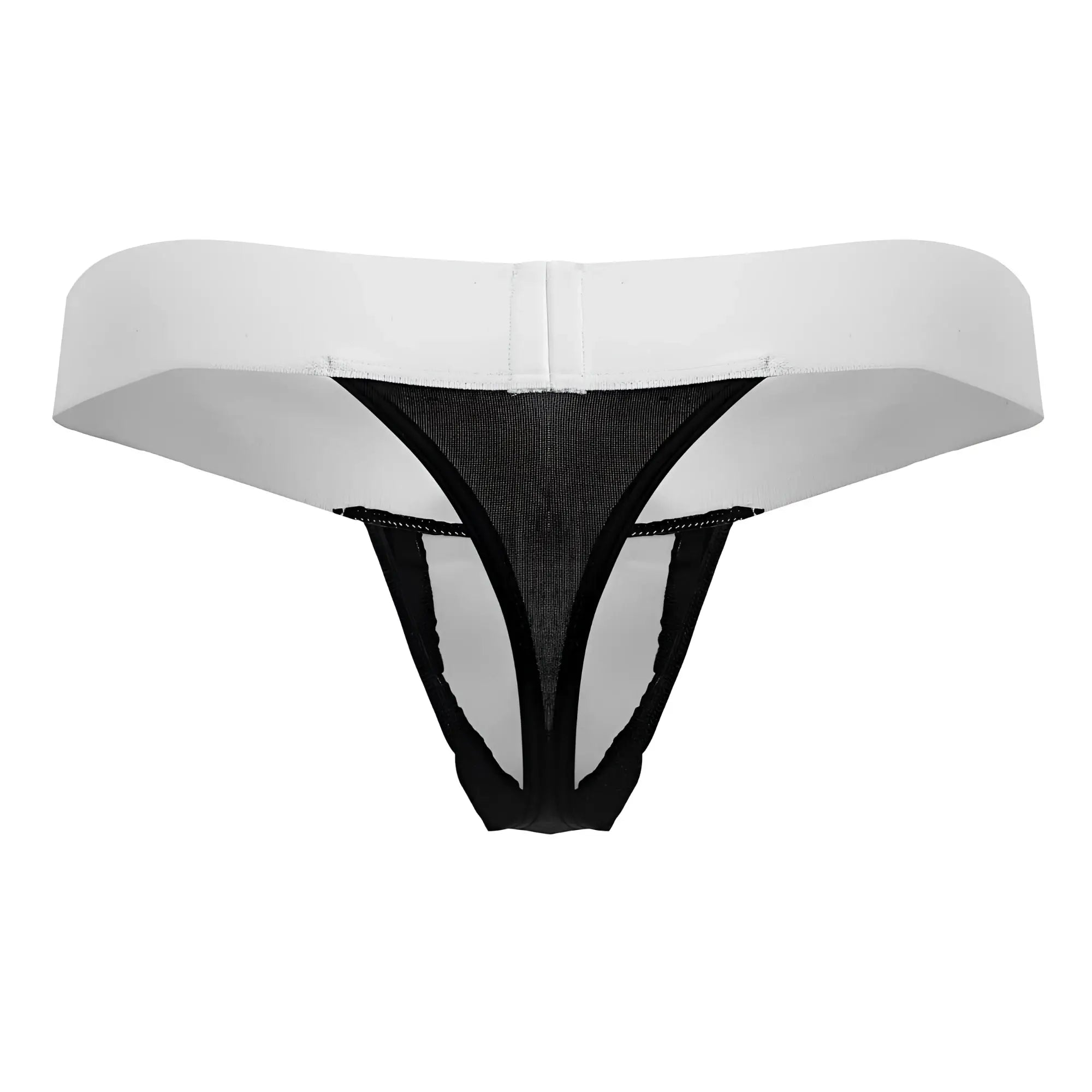 CandyMan 99846 tuxedo thongs black with white waistband mesh panel and thin black straps front view