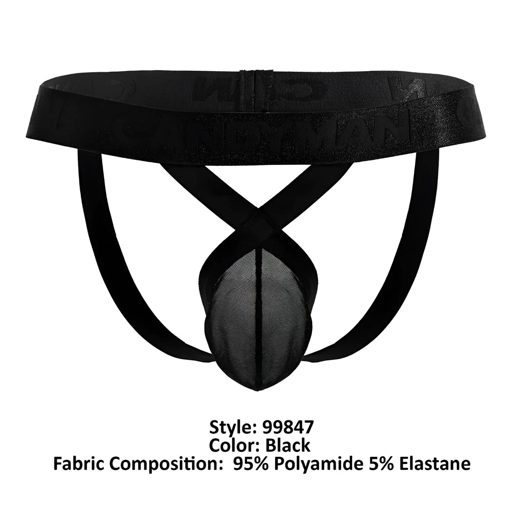 Black candyman 99847 mesh thong with elastic waistband and embossed lettering front panel design
