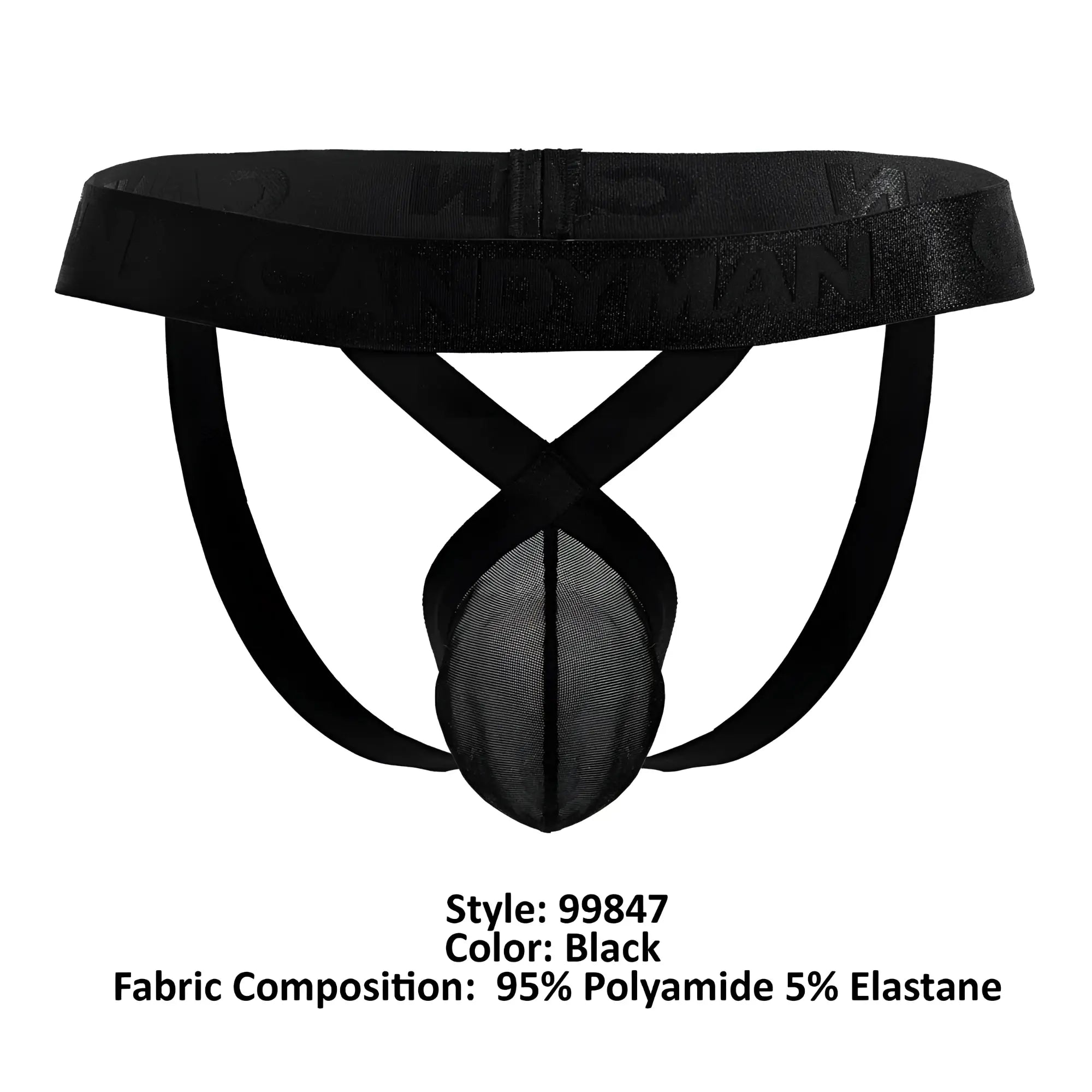 Black candyman 99847 mesh thong with elastic waistband and embossed lettering front panel design