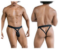 Black nylon CandyMan 99847 mesh thong with central pouch and crisscross back straps shown from the back side