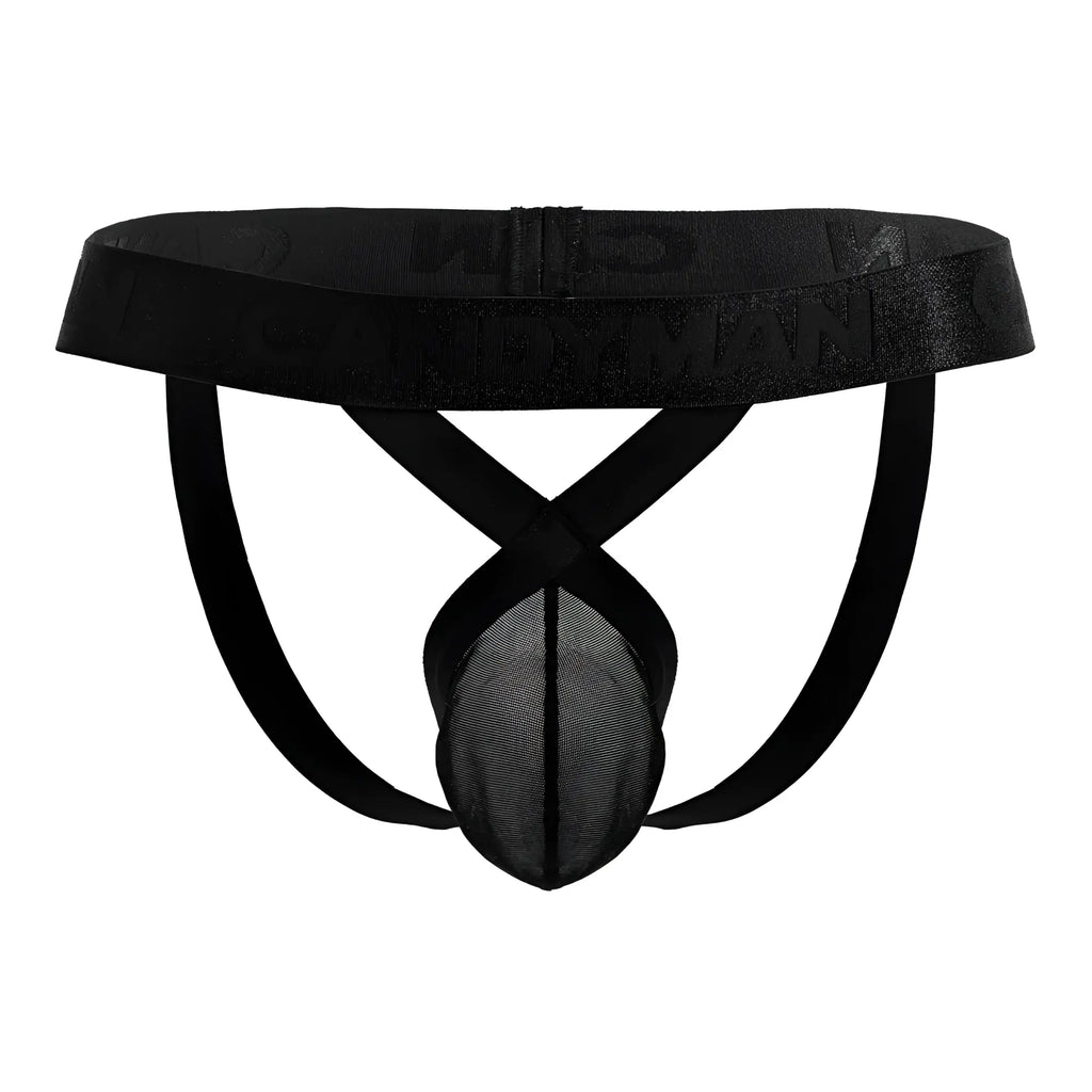 Black CandyMan 99847 mesh briefs with satin-like waistband and embossed logo in a sleek design
