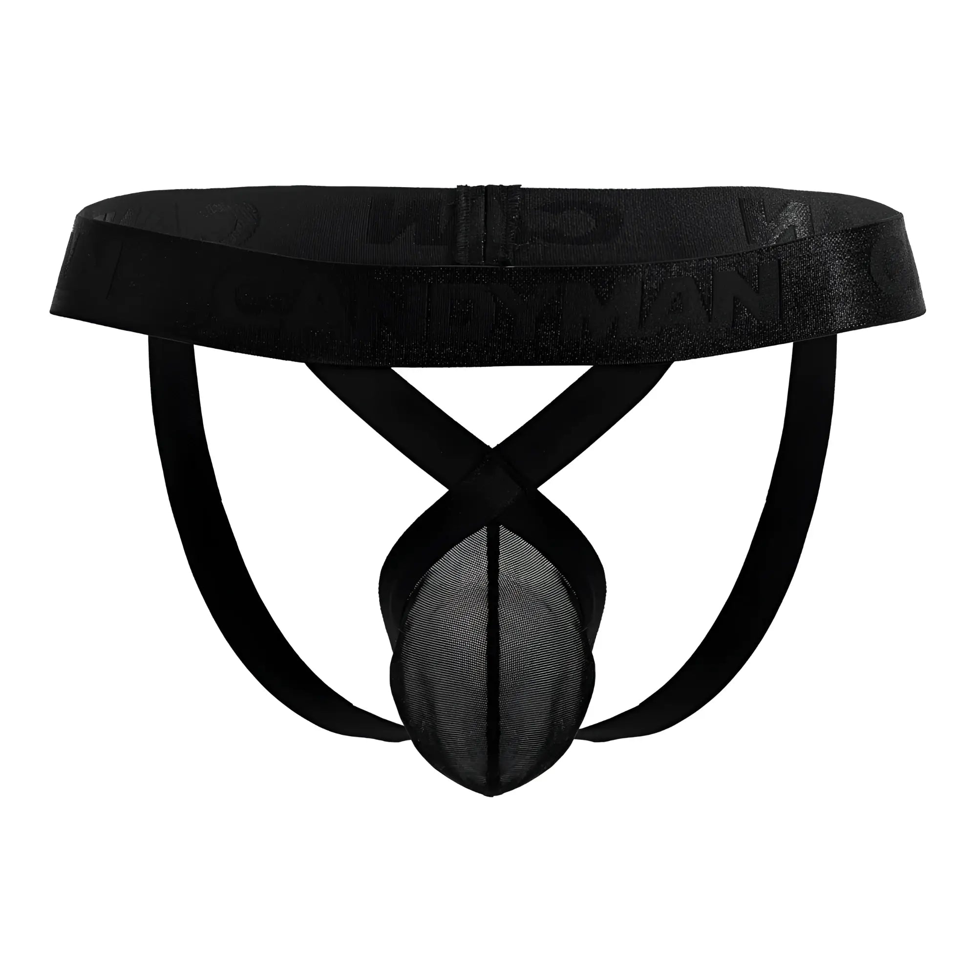 Black CandyMan 99847 mesh briefs with satin-like waistband and embossed logo in a sleek design