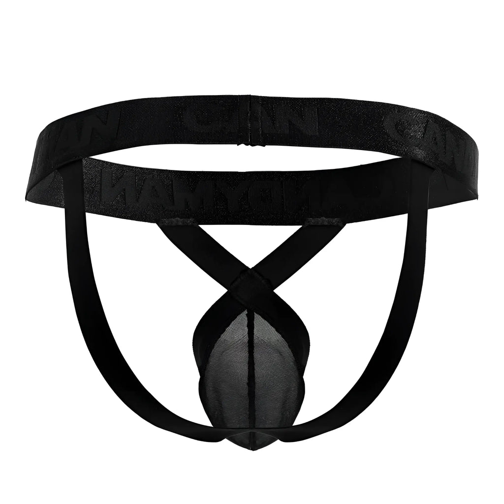Black mesh CandyMan 99847 thong with solid waistband and crossed leg straps shown from the back side