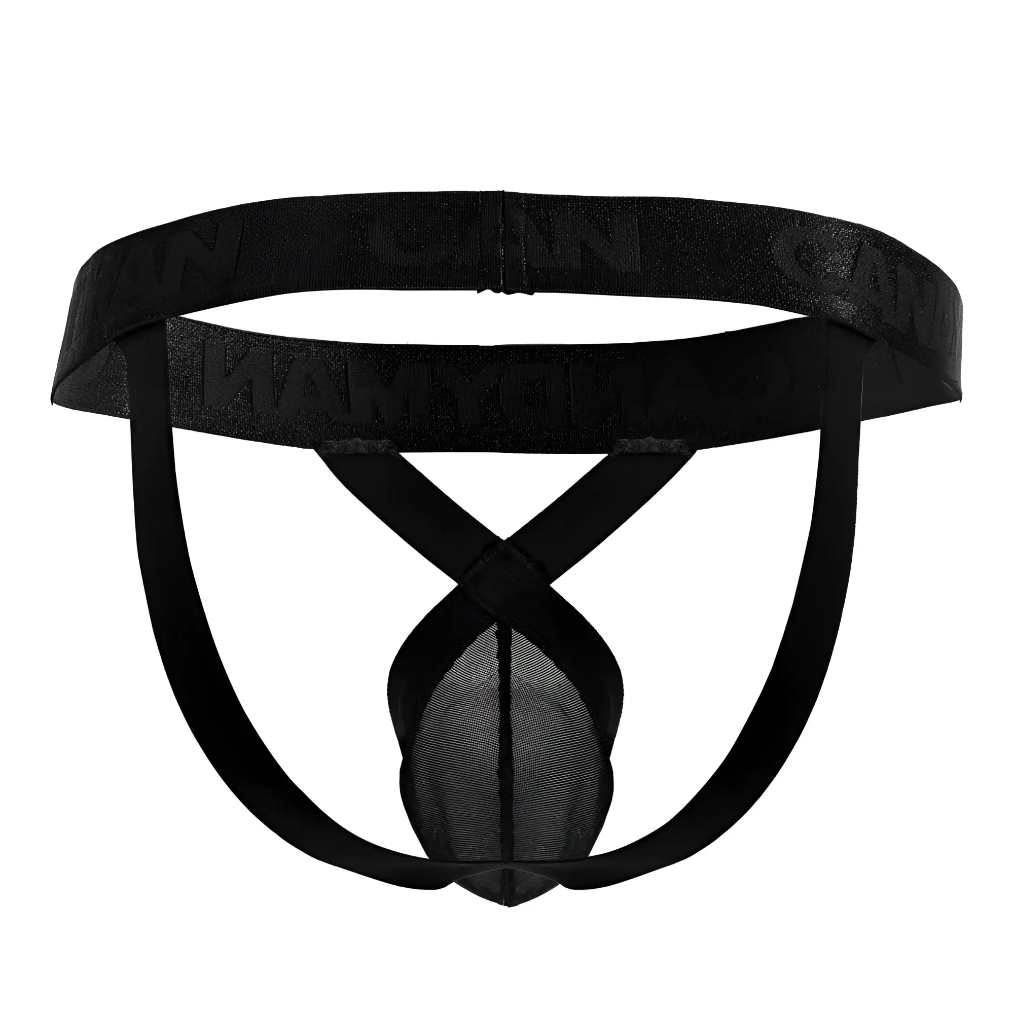 Black mesh CandyMan 99847 thong with solid waistband and crossed leg straps shown from the back side