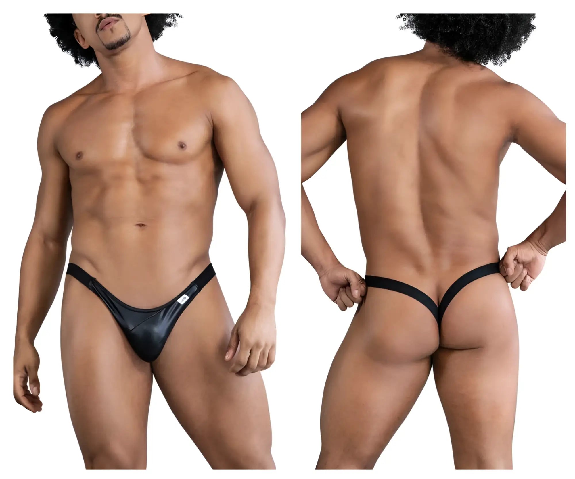Black shiny latex thong bikini with a small white tag on the side from CandyMan 99848 collection