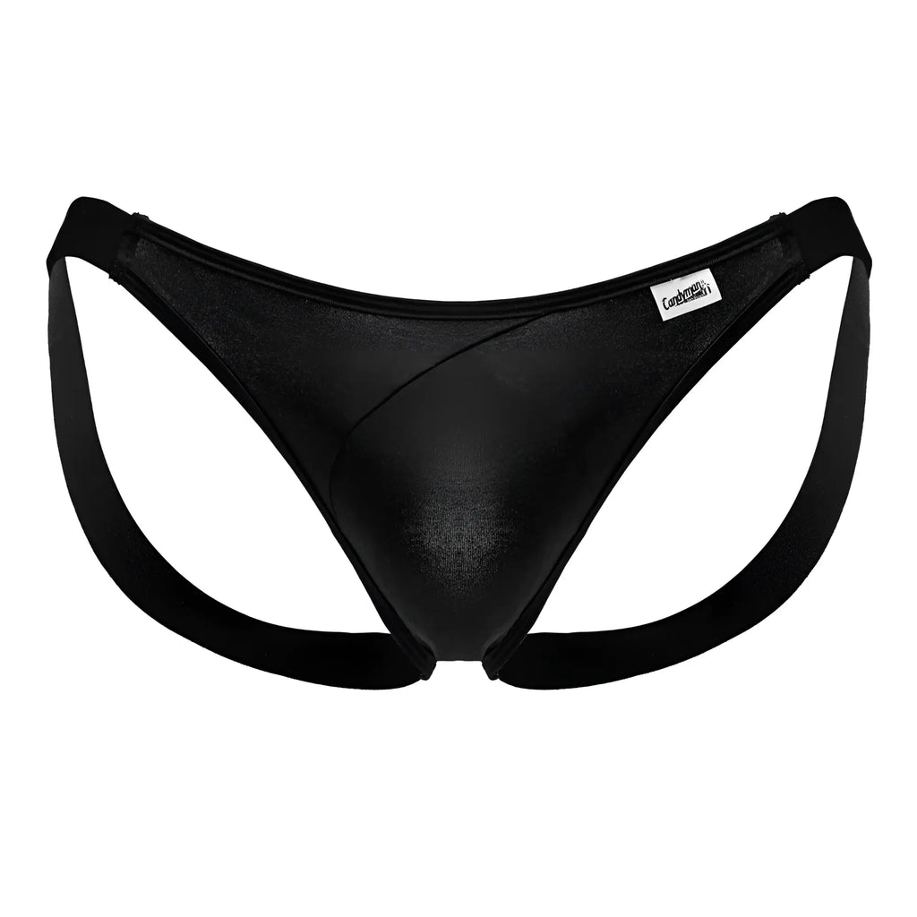 CandyMan 99848 bikini thong in black with shiny metallic finish, wide supportive side straps, and branded waistband label