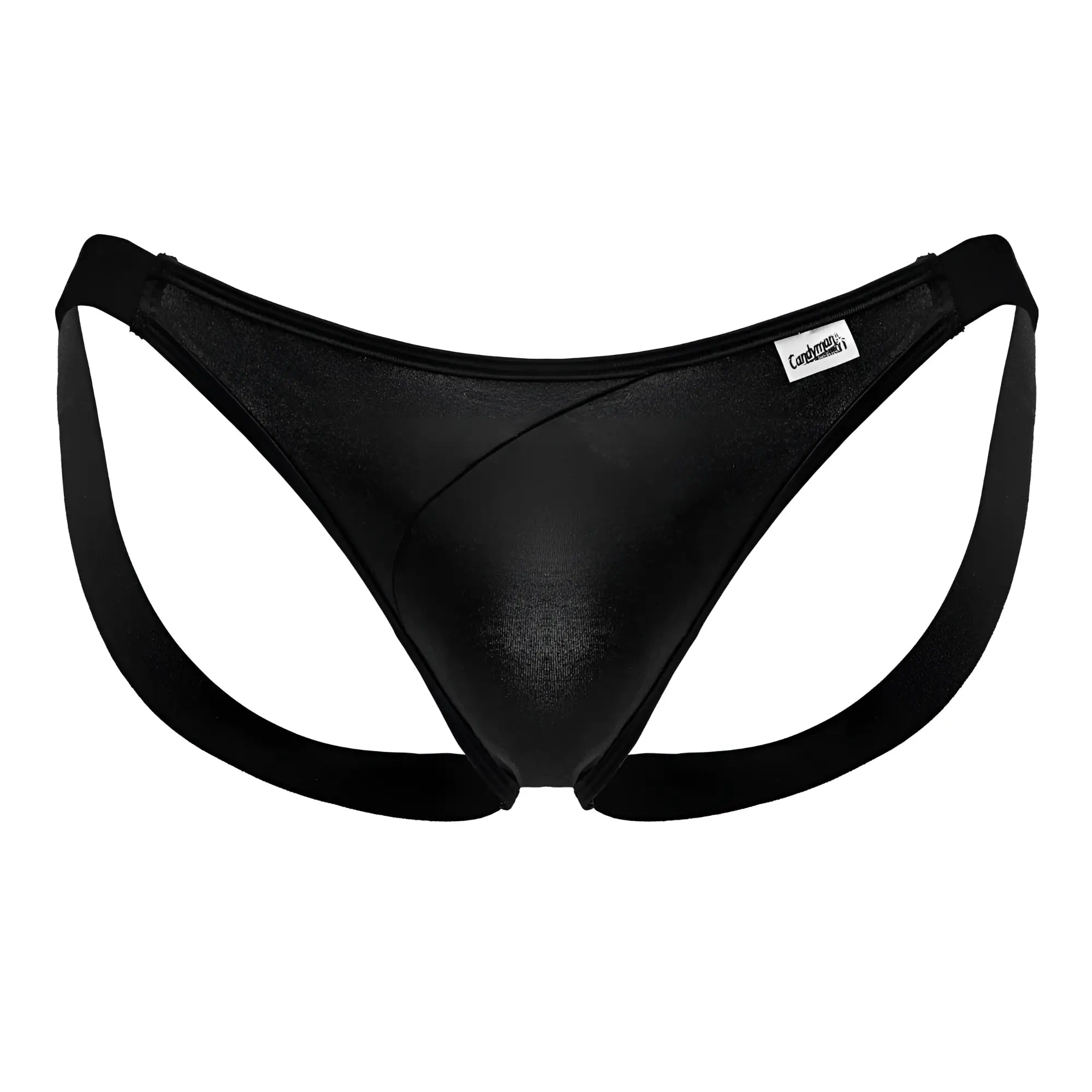 CandyMan 99848 bikini thong in black with shiny metallic finish, wide supportive side straps, and branded waistband label