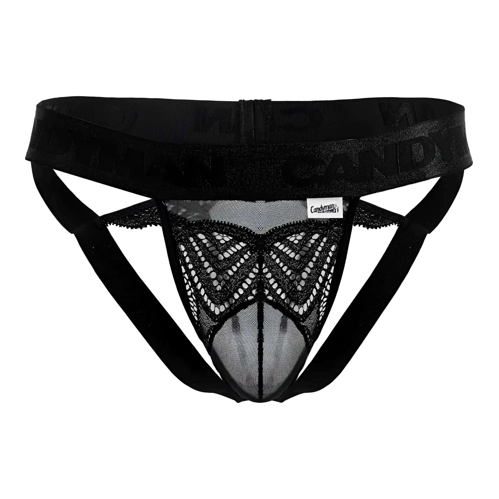 Black lace mesh thong with butterfly pattern and branded waistband from candyman 99849 in black shown from the back