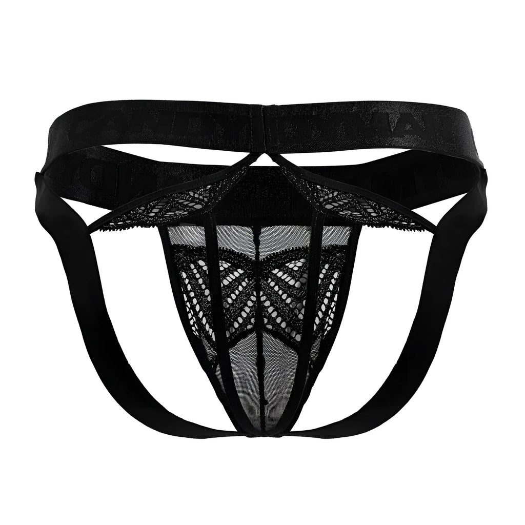 Black lace mesh thong with elastic waistband showing the back side from Candyman 99849 in black color