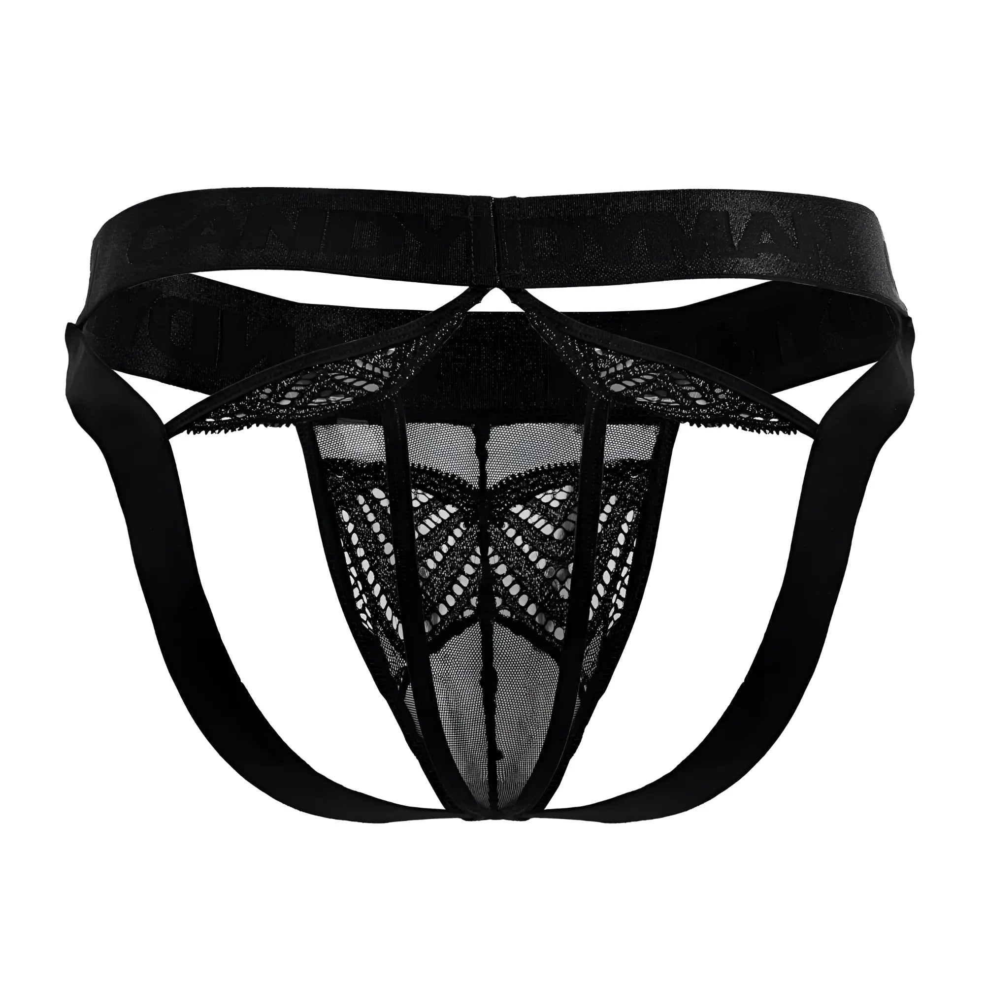 Black lace mesh thong with elastic waistband showing the back side from Candyman 99849 in black color
