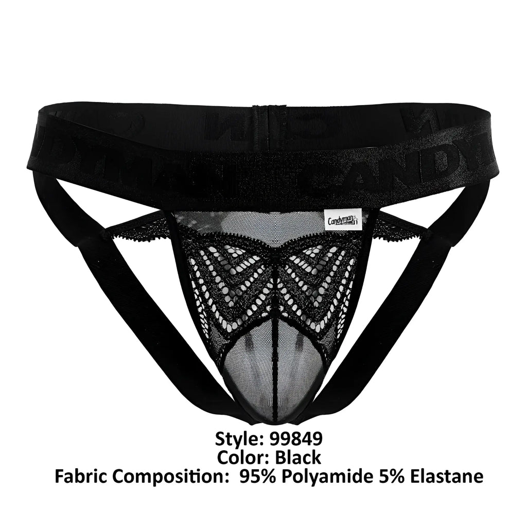 Black lace mesh thong with solid elastic waistband and candy brand embossing in color black from Candyman 99849 collection