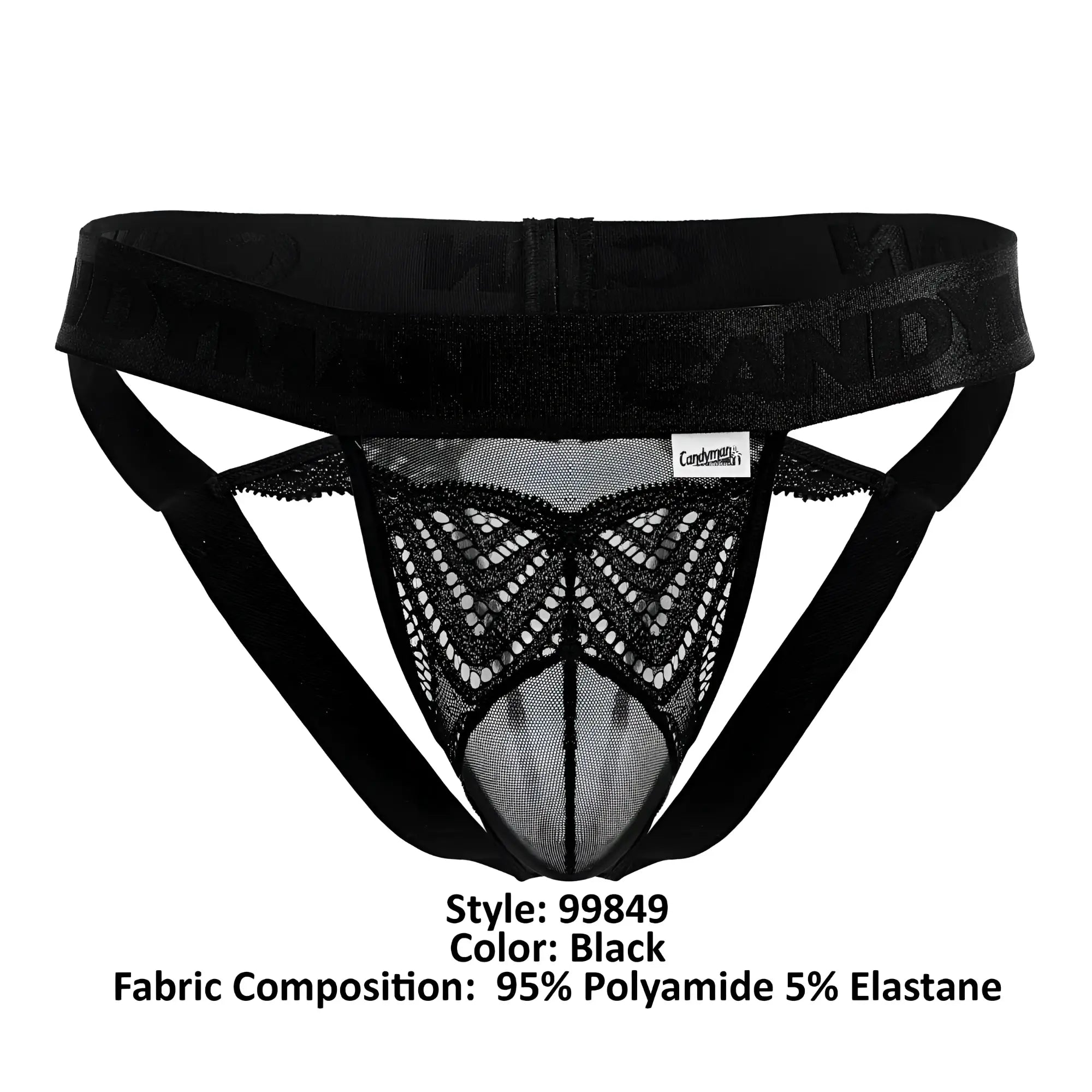 Black lace mesh thong with solid elastic waistband and candy brand embossing in color black from Candyman 99849 collection