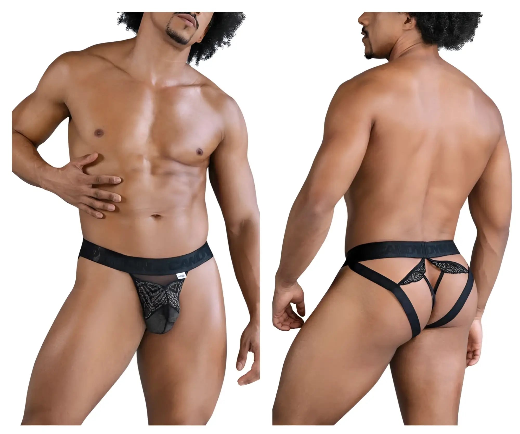 Black lace-trimmed mens briefs with sheer mesh front panel and adjustable side straps candyMan 99849 lace-mesh thongs