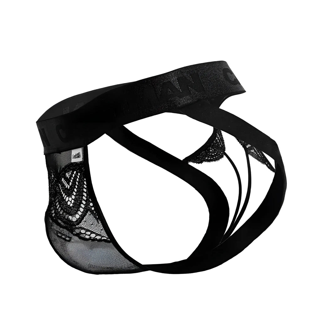 CandyMan 99849 black lace mesh thongs for men featuring lace trim, solid black waistband, and supportive straps