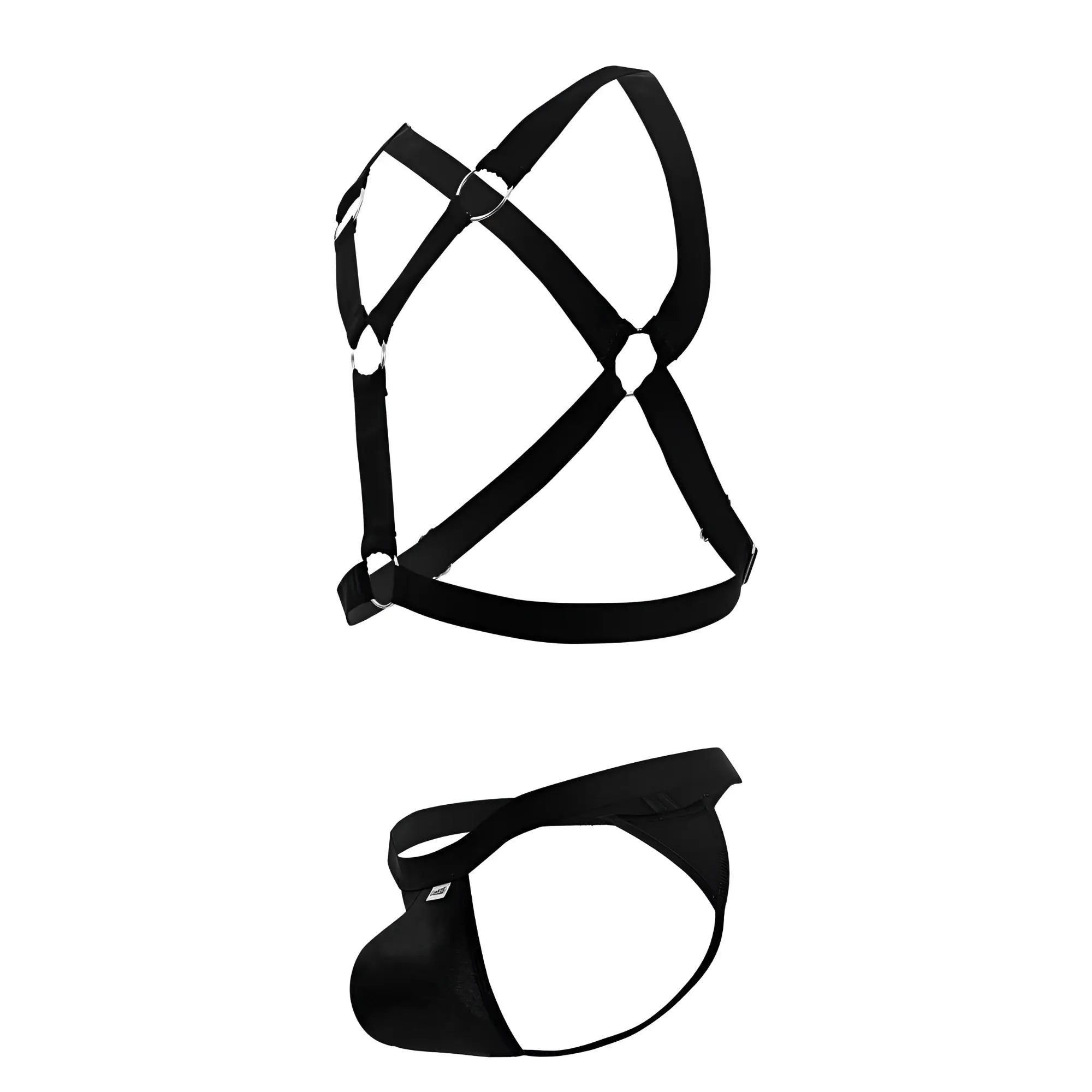 Black fabric harness and briefs set from candyman 99850 three piece outfit in black for stylish intimate wear