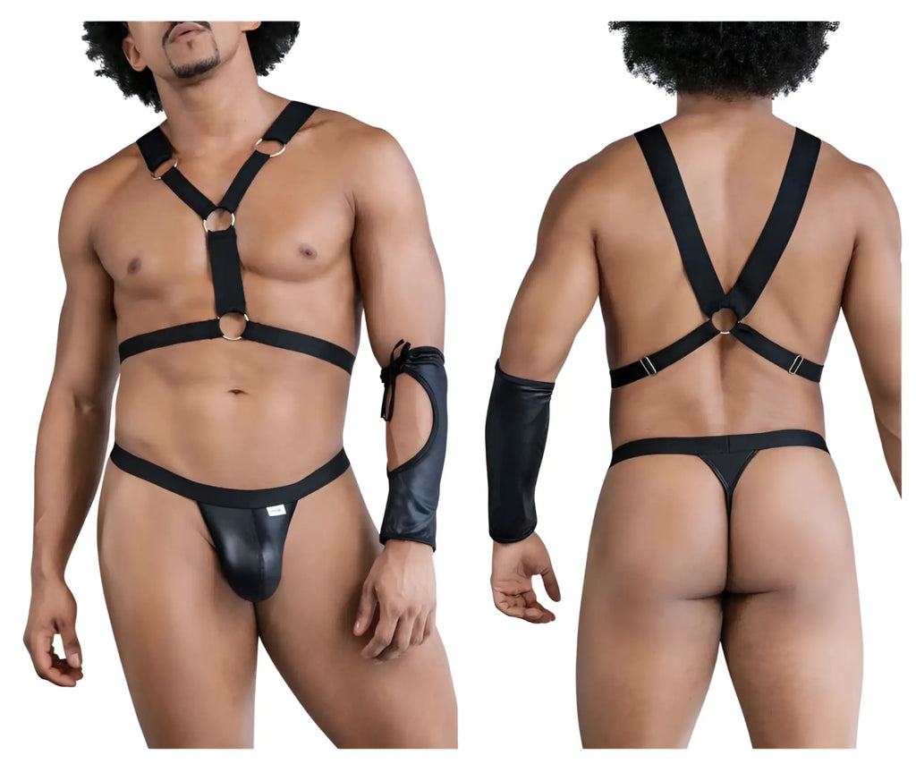 Black leather-like CandyMan 99850 harness set with metallic rings and matching arm cuff in a three piece outfit