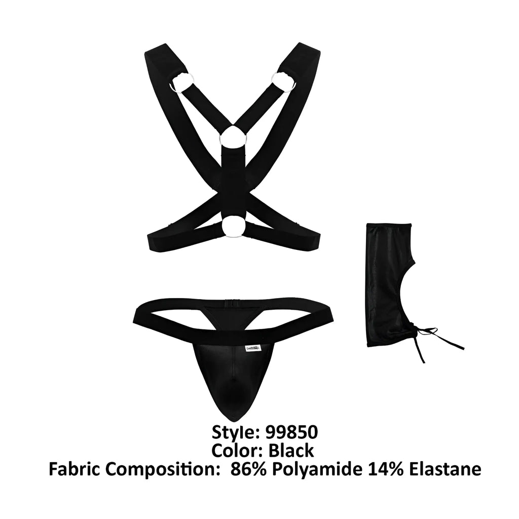 Black mens lingerie set CandyMan 99850 with strappy harness top thong bottom and leg cuff in black polyamide elastane blend