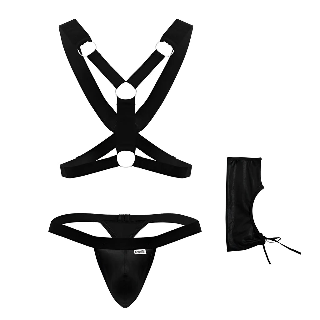 Black satin harness set candyMan 99850 with matching thong and leg cuffs three piece outfit front view