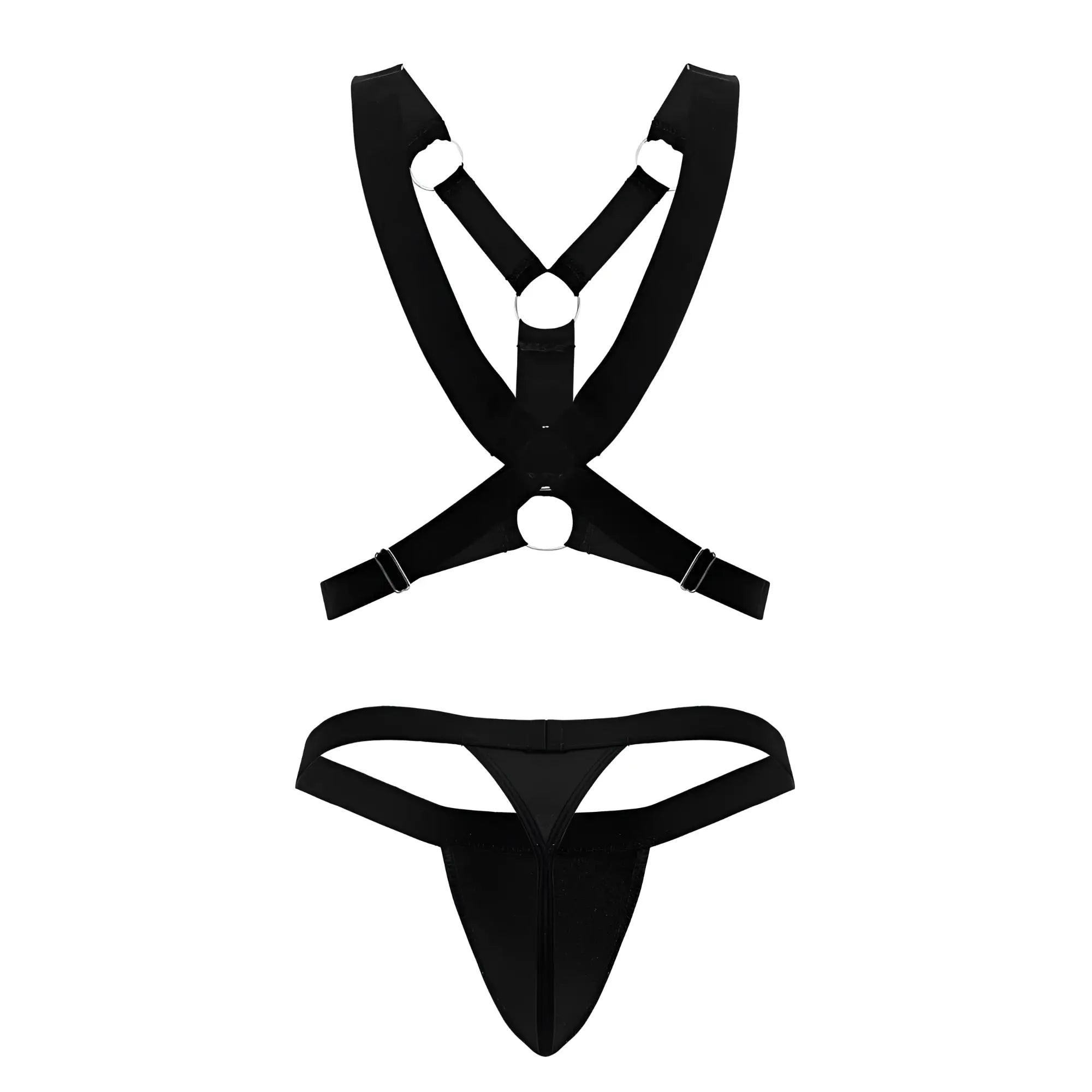 Black satin harness and thong set in the candyman 99850 three piece outfit featuring sleek straps and shiny material