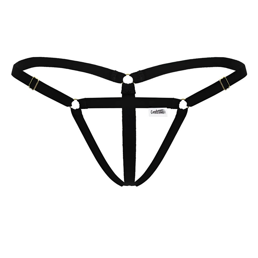 Black fabric harness with gold toned metal clasps and rings featured in candyman 99852 nudist thongs color black