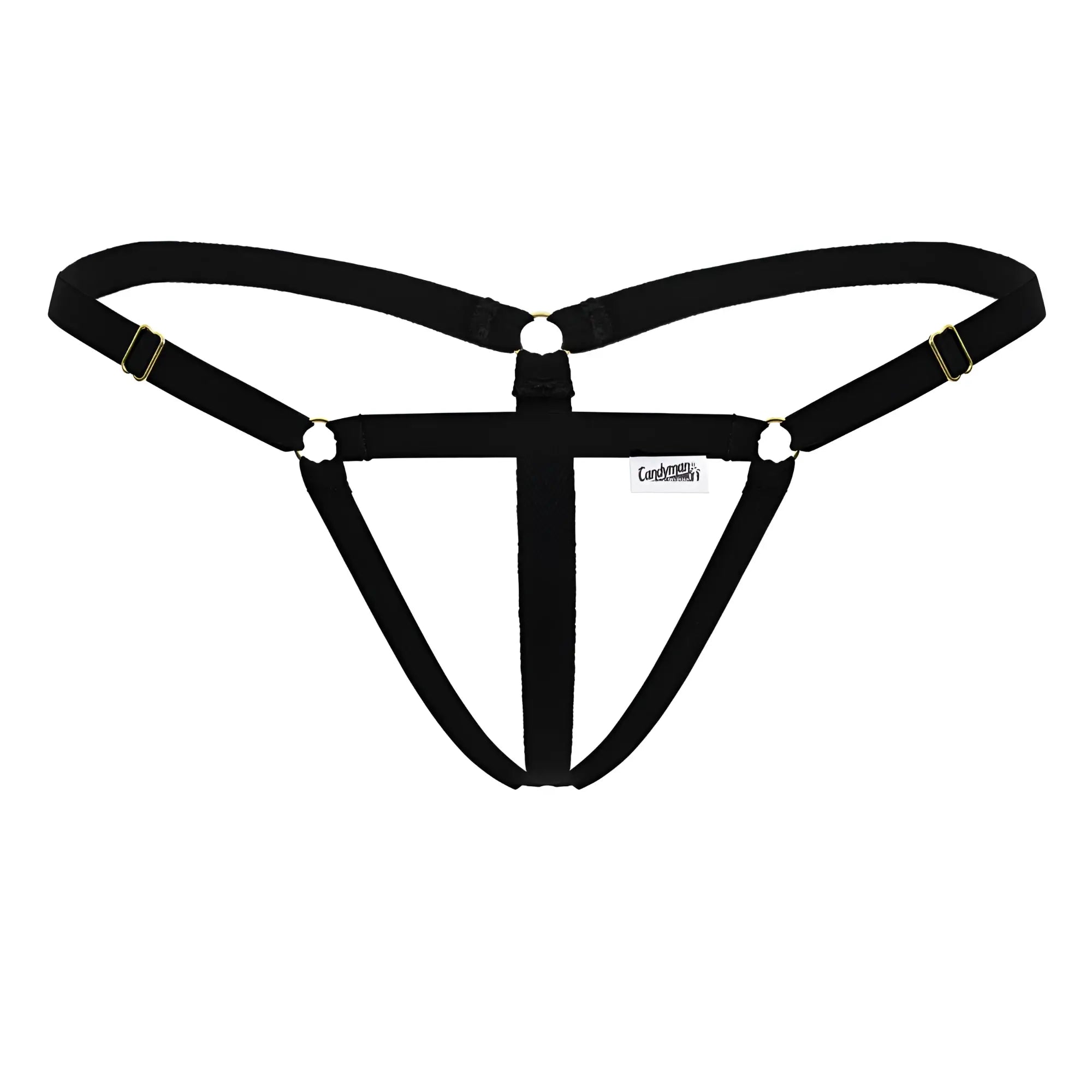 Black fabric harness with gold toned metal clasps and rings featured in candyman 99852 nudist thongs color black