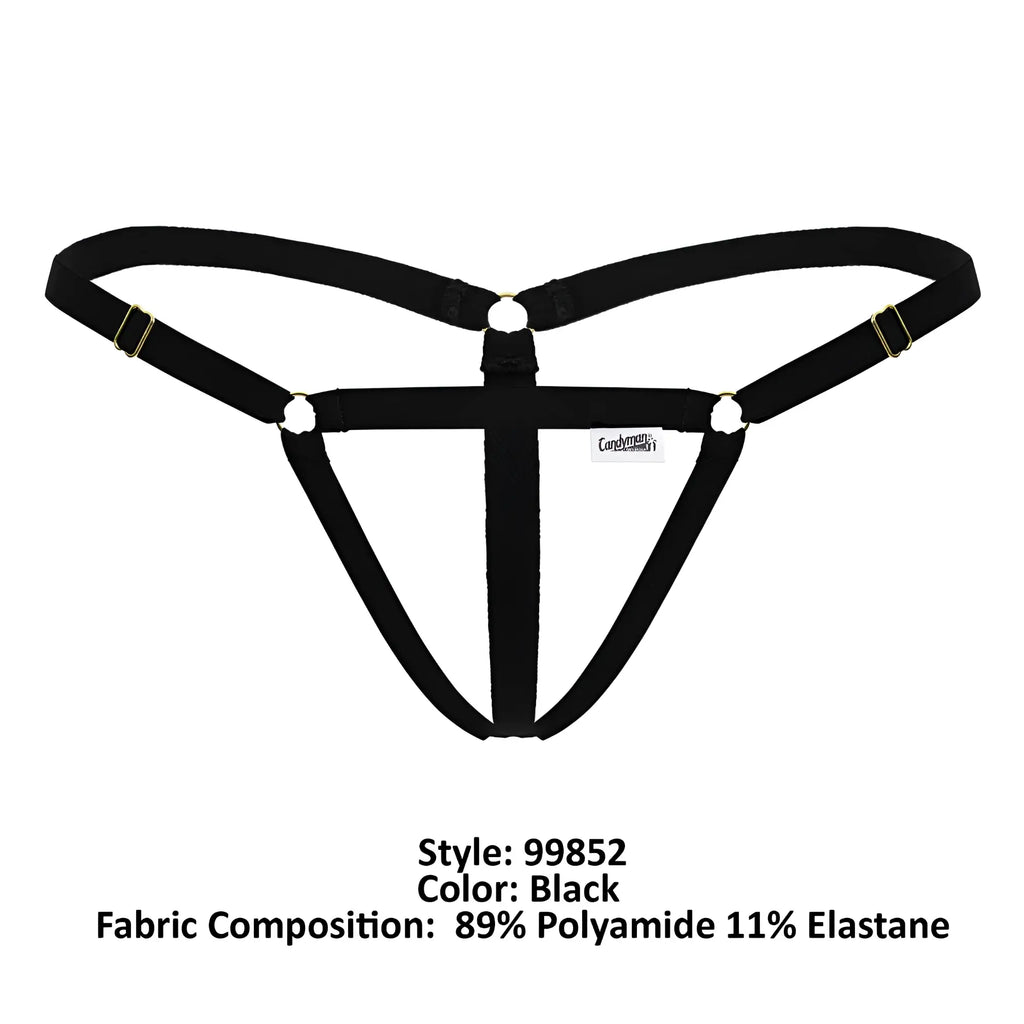 Black CandyMan 99852 nudist thong with adjustable straps and gold-tone metal hardware shown from the back side