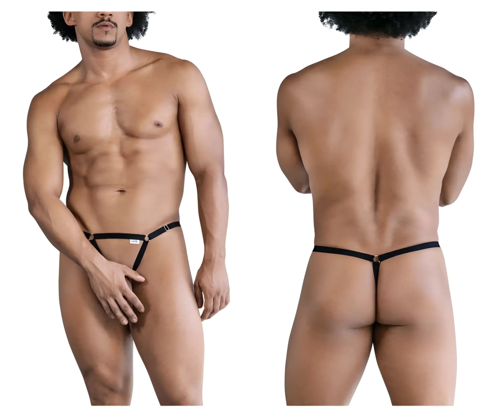 Candyman 99852 nudist thong in black with gold-tone hardware and a small white label on the front