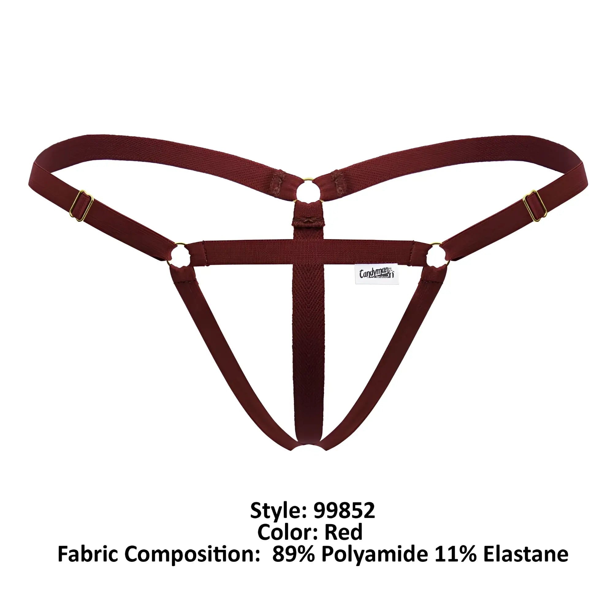 Red harness-style CandyMan 99852 nudist thong in polyamide elastane with gold-tone metal hardware