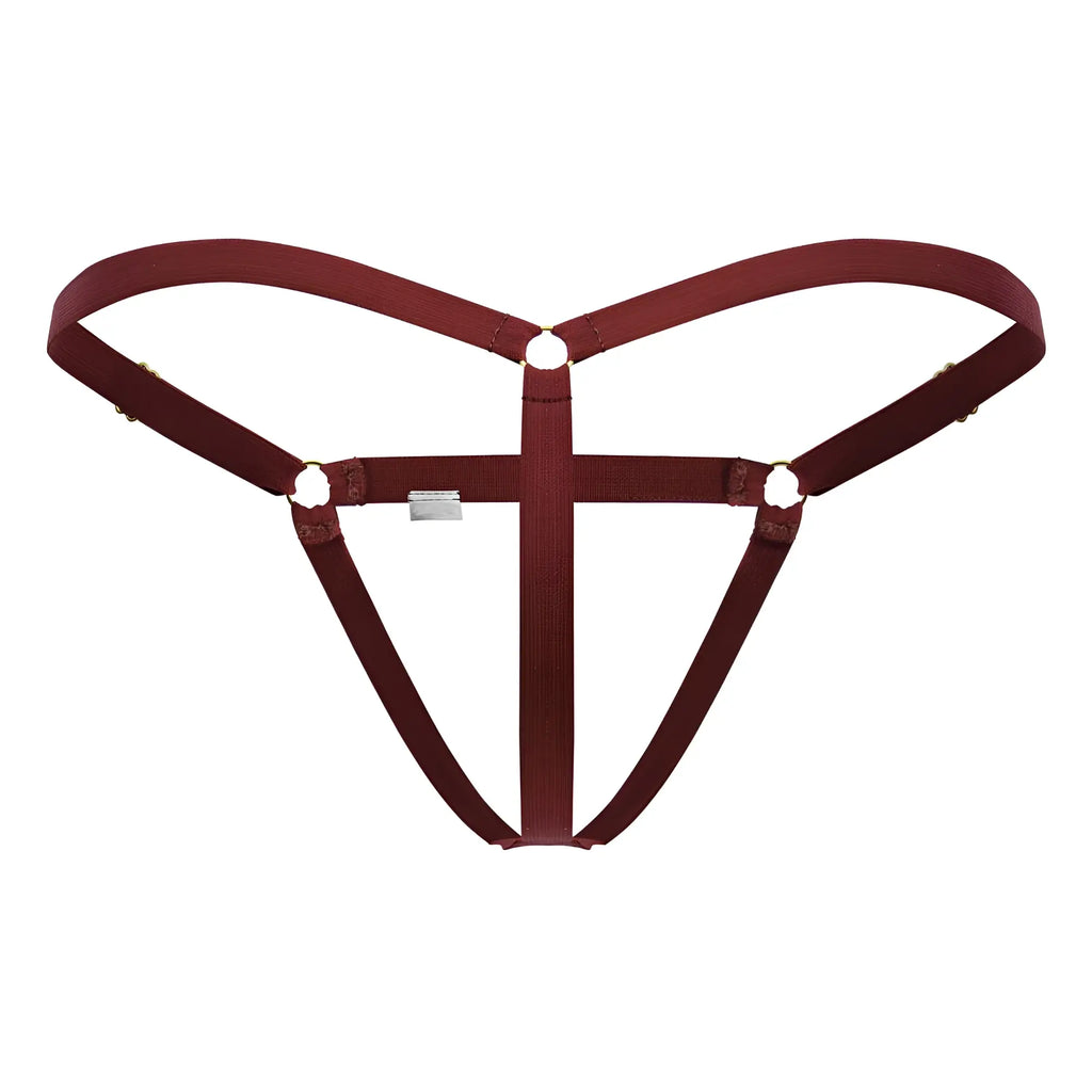 Maroon candyMan 99852 nudist thong with adjustable fabric harness straps and metal hardware in red color