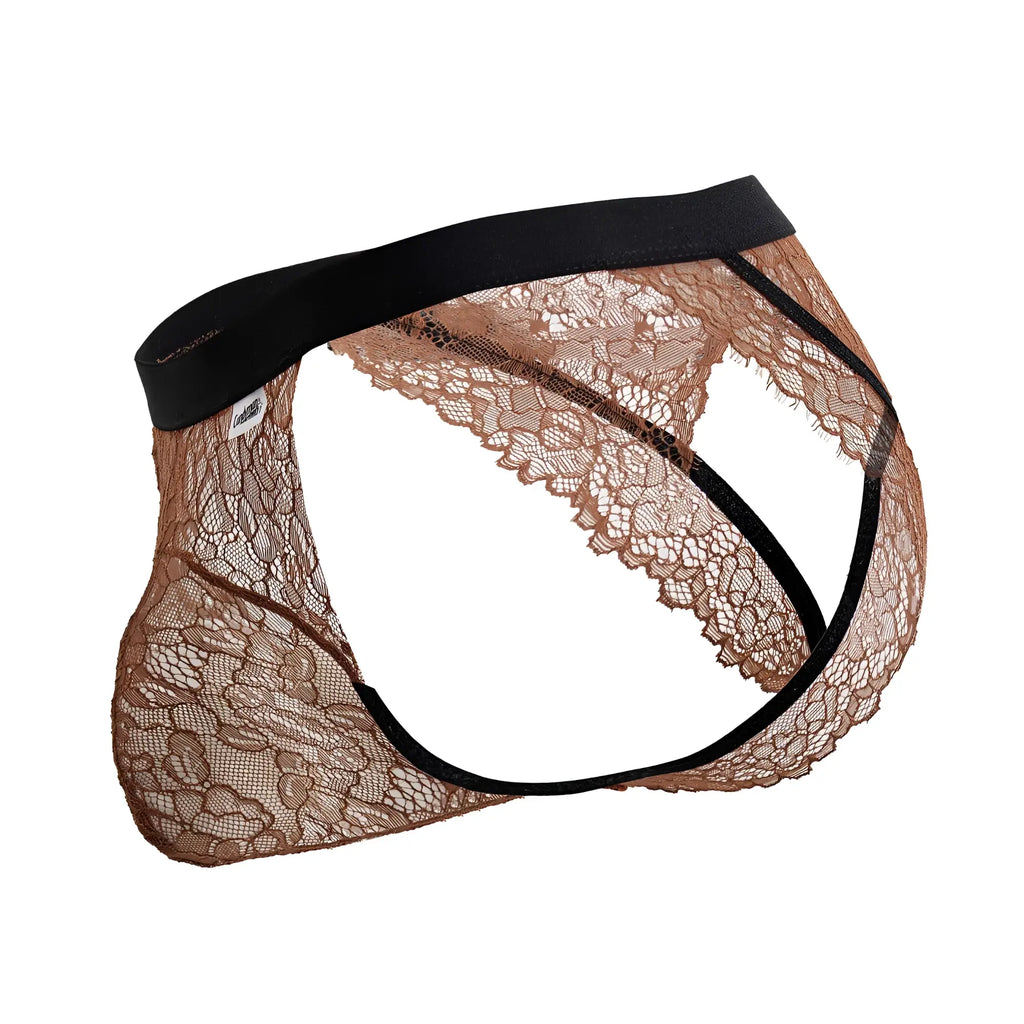 Brown lace men’s briefs with black elastic waistband and supportive straps candyMan 99853 lace jockstrap black-terra cotta