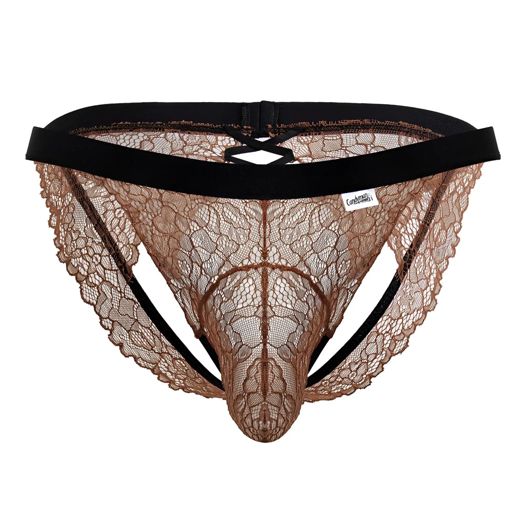 Brown lace thong with black elastic waistband and side straps in Candyman 99853 lace jockstrap black-terracotta
