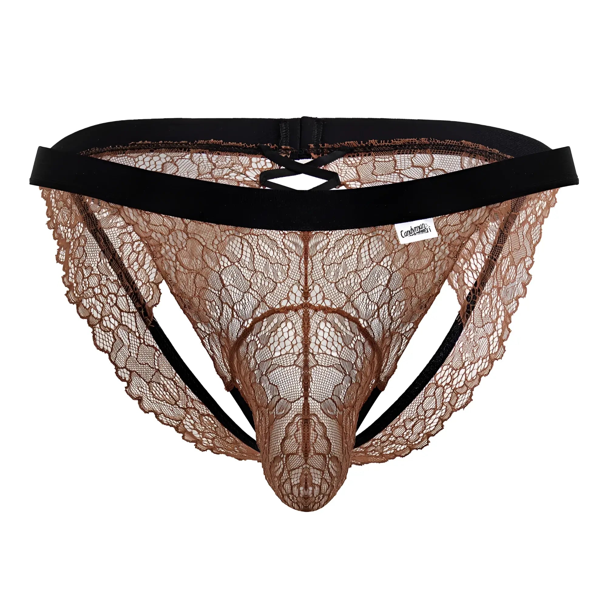 Brown lace thong with black elastic waistband and side straps in Candyman 99853 lace jockstrap black-terracotta