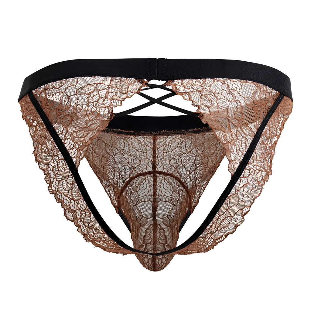 CandyMan 99853 lace jockstrap in black and terracotta with tan lace and black elastic waistband and side straps