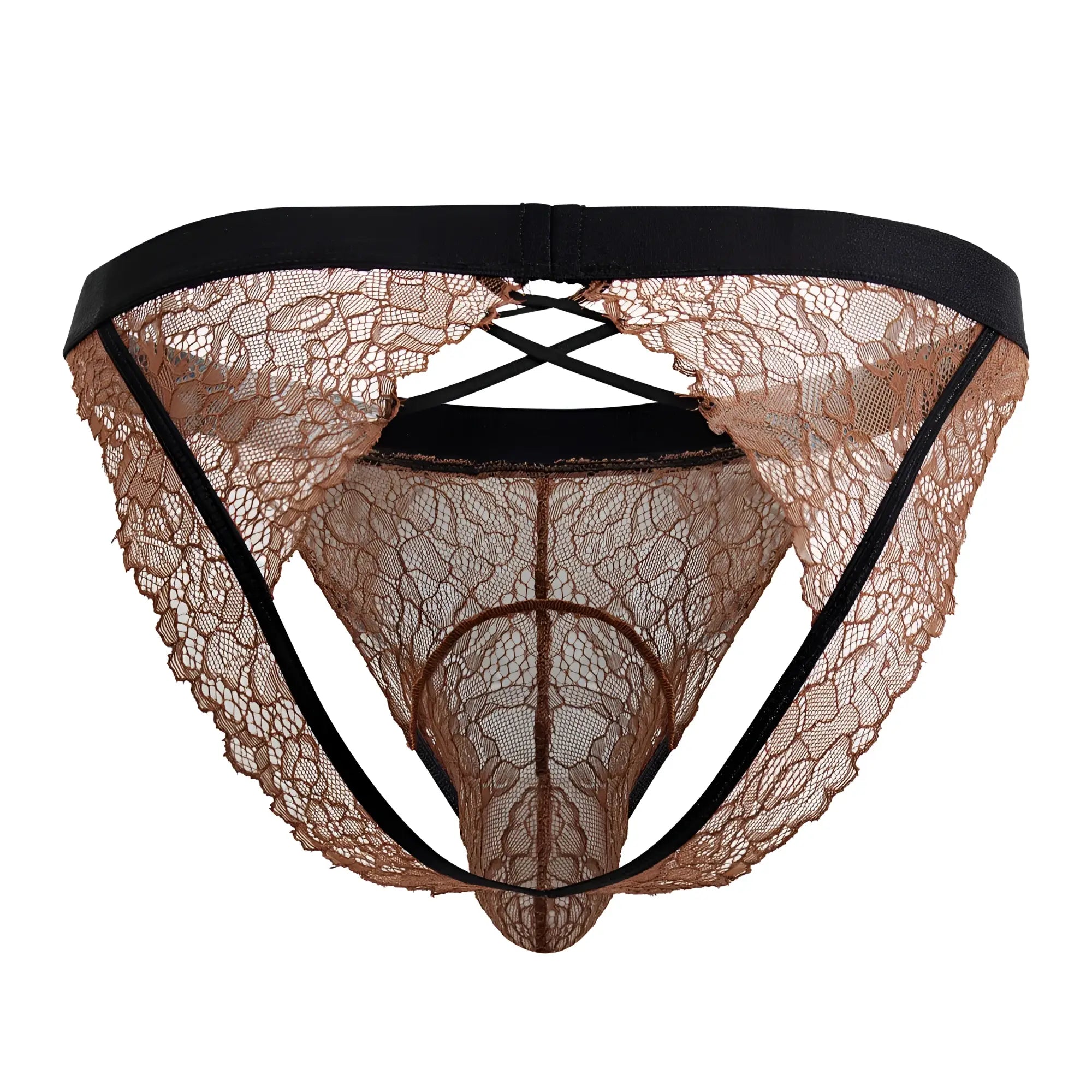 CandyMan 99853 lace jockstrap in black and terracotta with tan lace and black elastic waistband and side straps