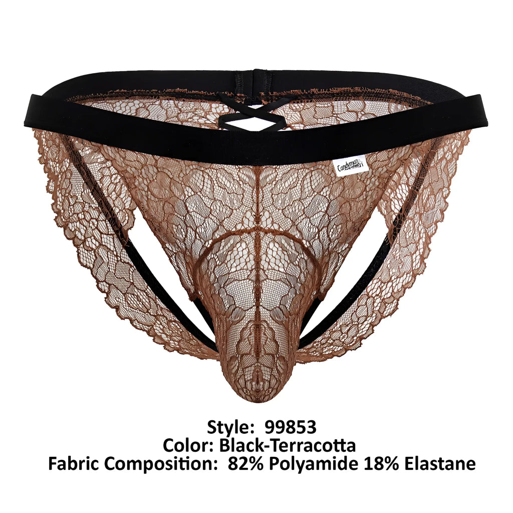 Black and terracotta lace thong with supportive black elastic waistband candyMan 99853 lace jockstrap front view