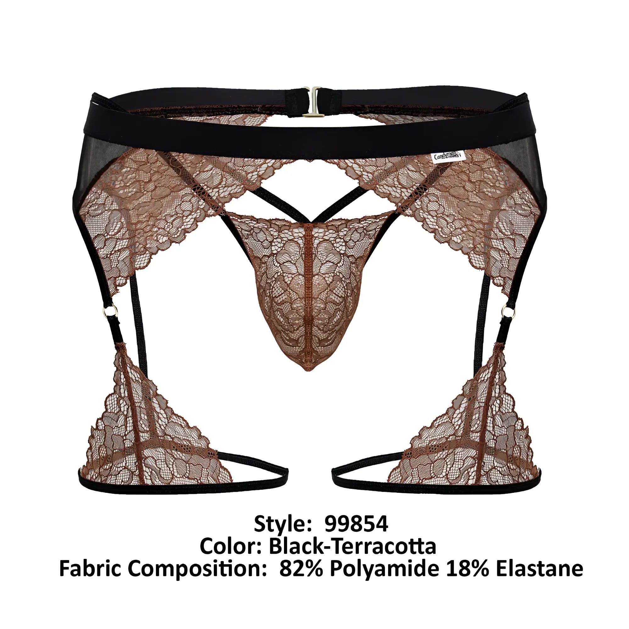 Black and terracotta lace garter belt with central thong design from candyman 99854 lace-garter outfit