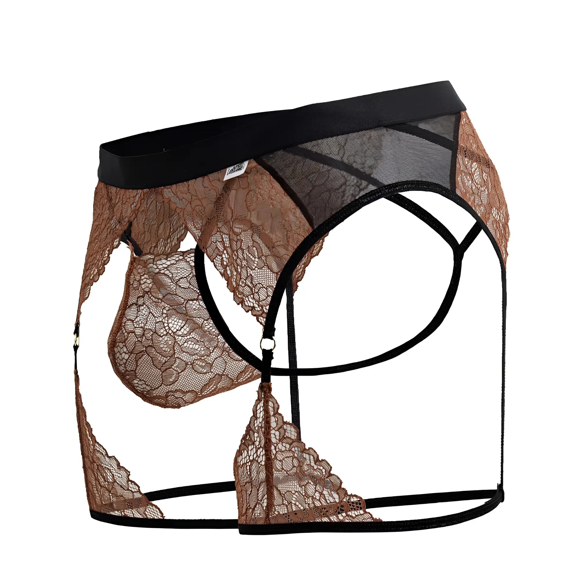 Brown lace suspenders with black elastic waistband and straps from candyman 99854 lace garter outfit black-terracotta
