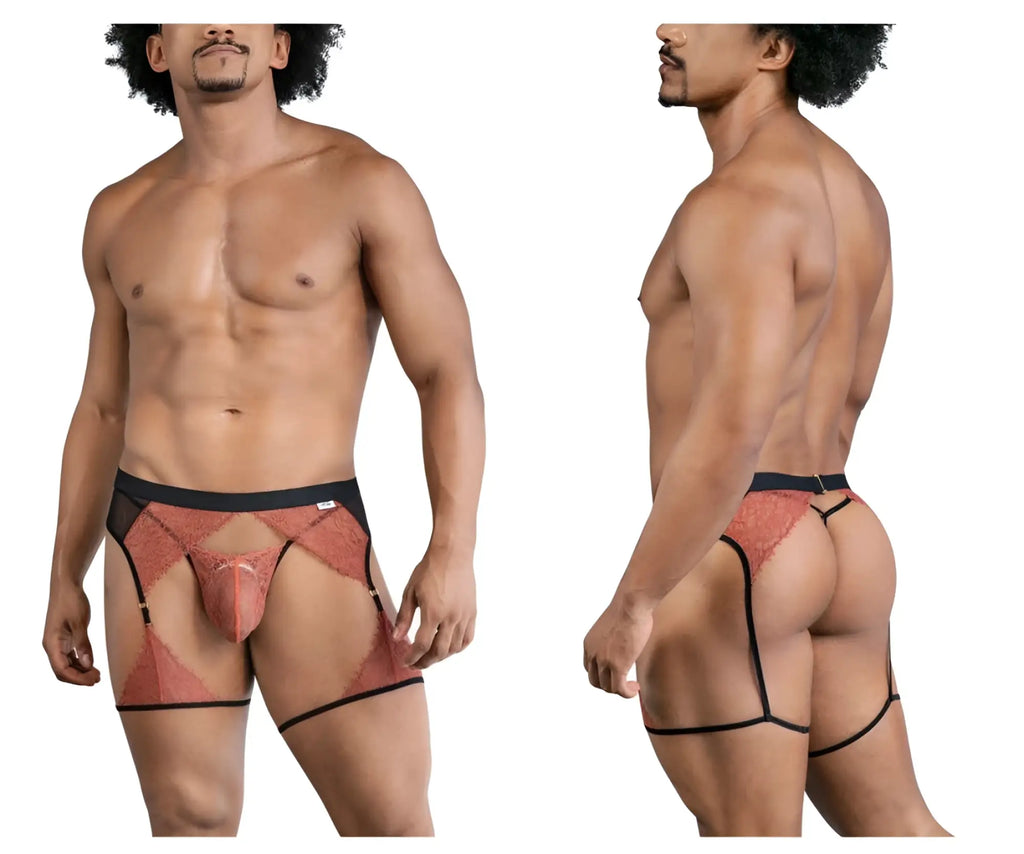 Rust-colored lace mens briefs with black trim and garter straps from CandyMan 99854 lace-garter outfit