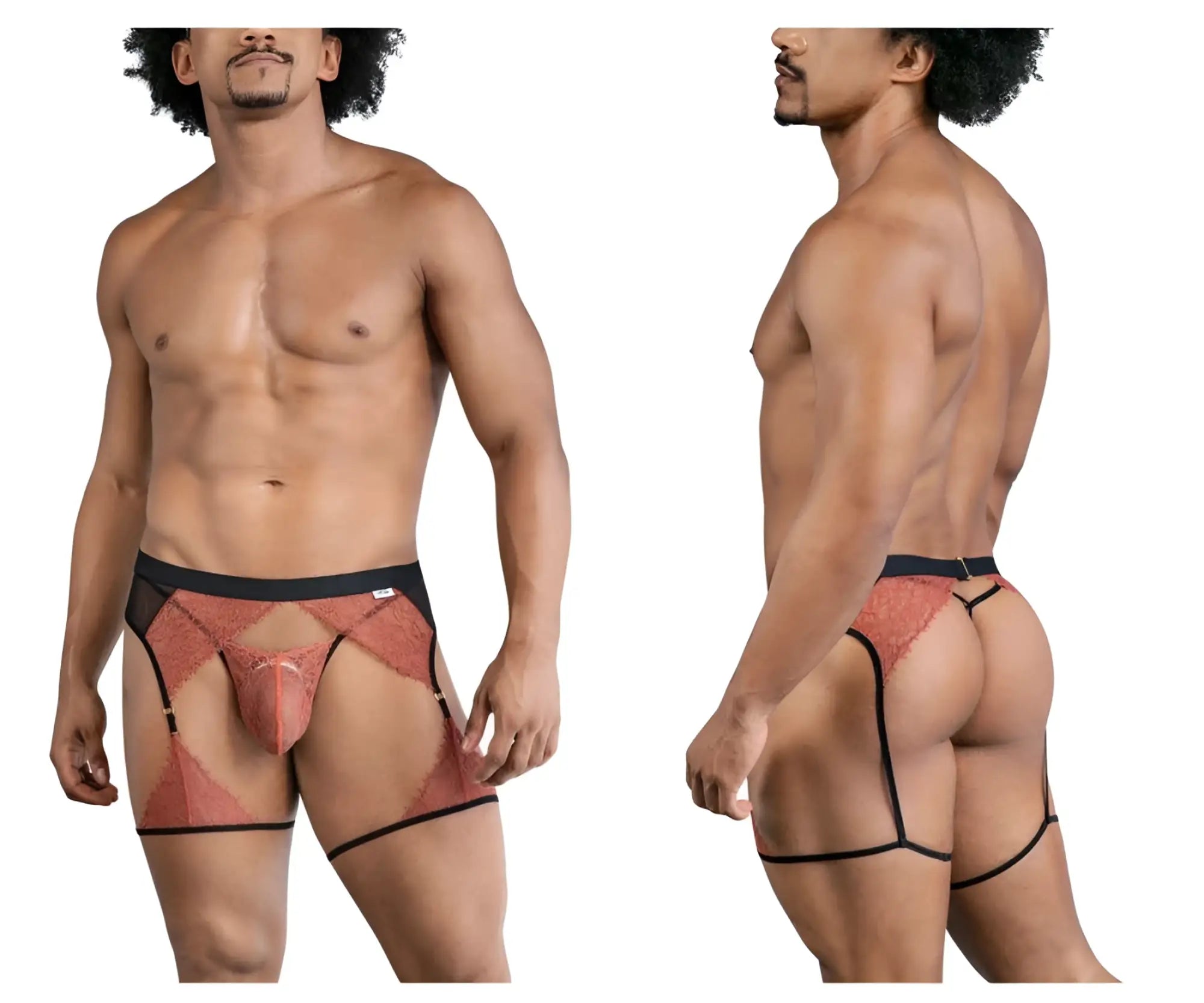 Rust-colored lace mens briefs with black trim and garter straps from CandyMan 99854 lace-garter outfit
