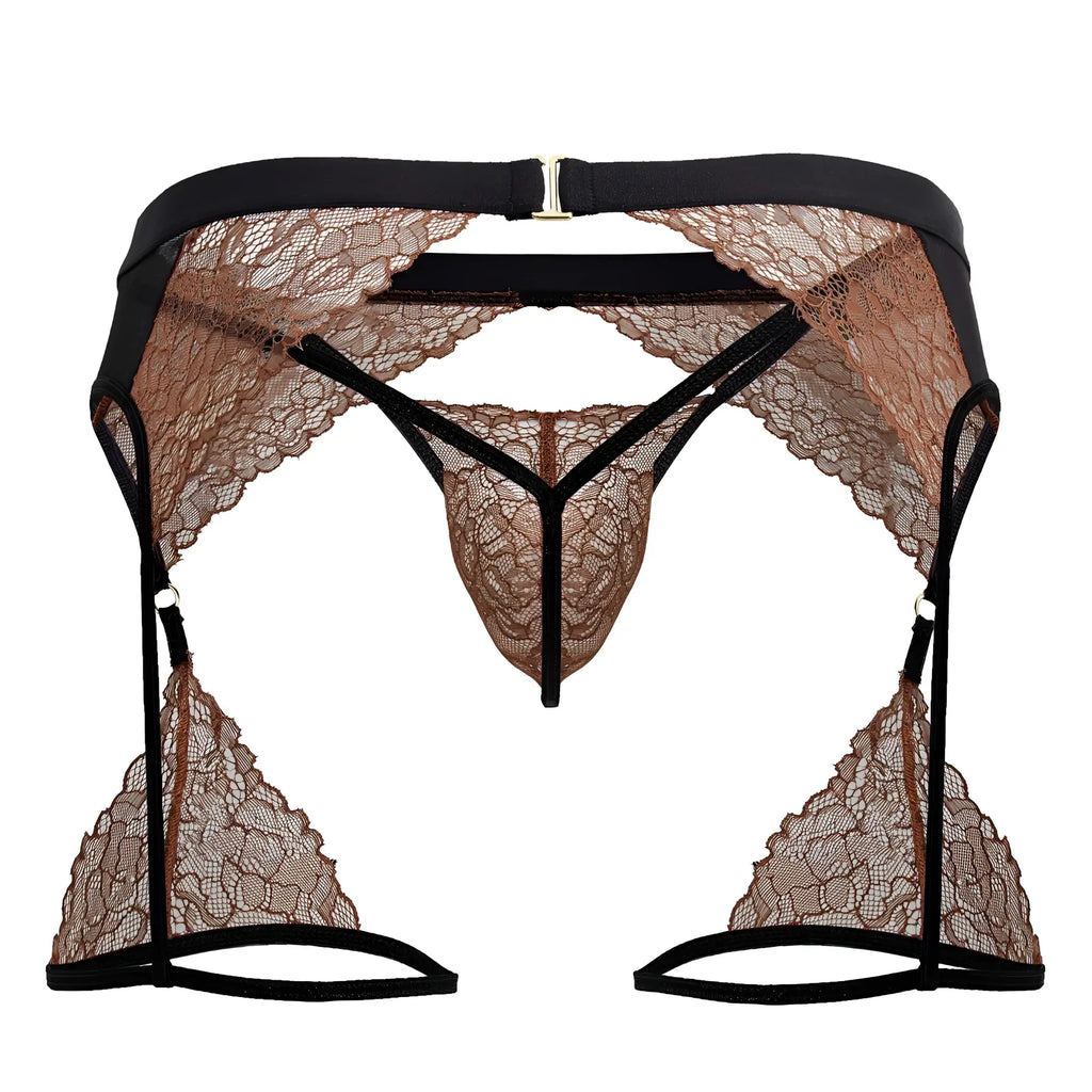 Black and tan lace CandyMan 99854 garter outfit with high-waisted belt thong and triangular leg straps