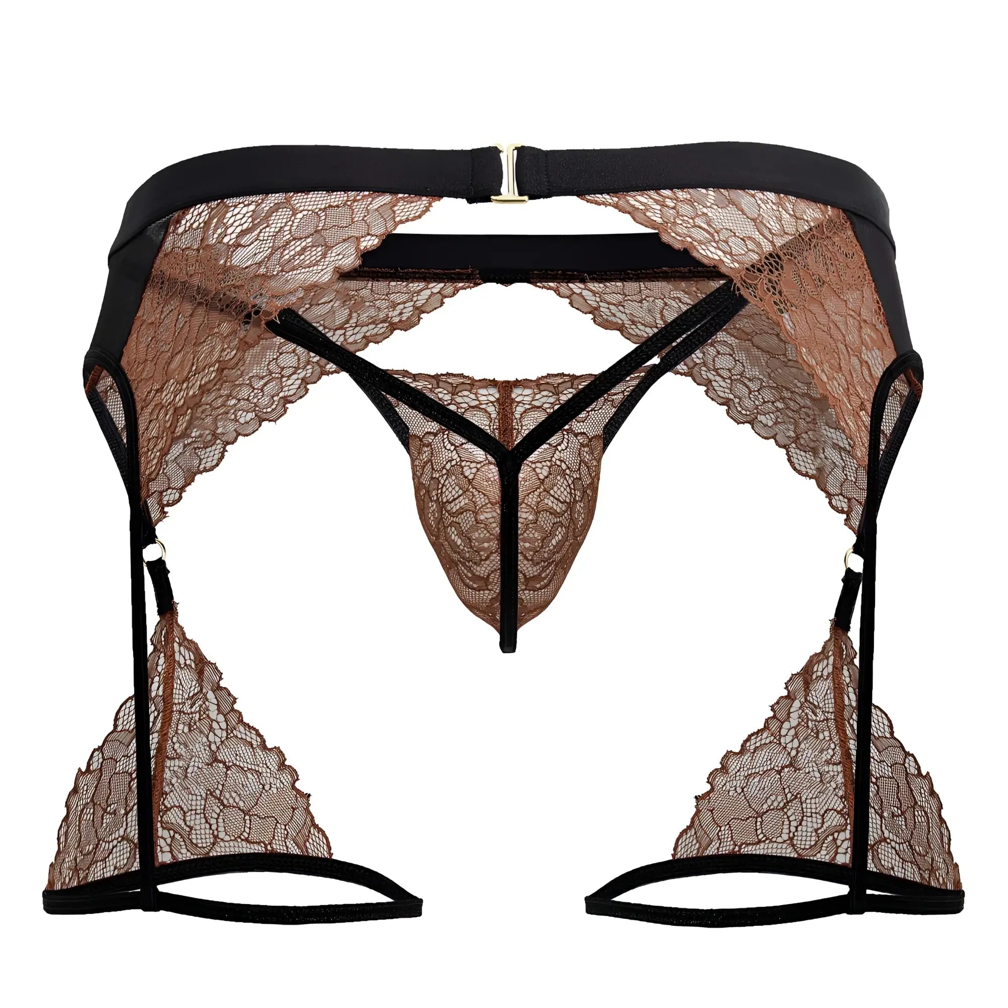 Black and tan lace CandyMan 99854 garter outfit with high-waisted belt thong and triangular leg straps