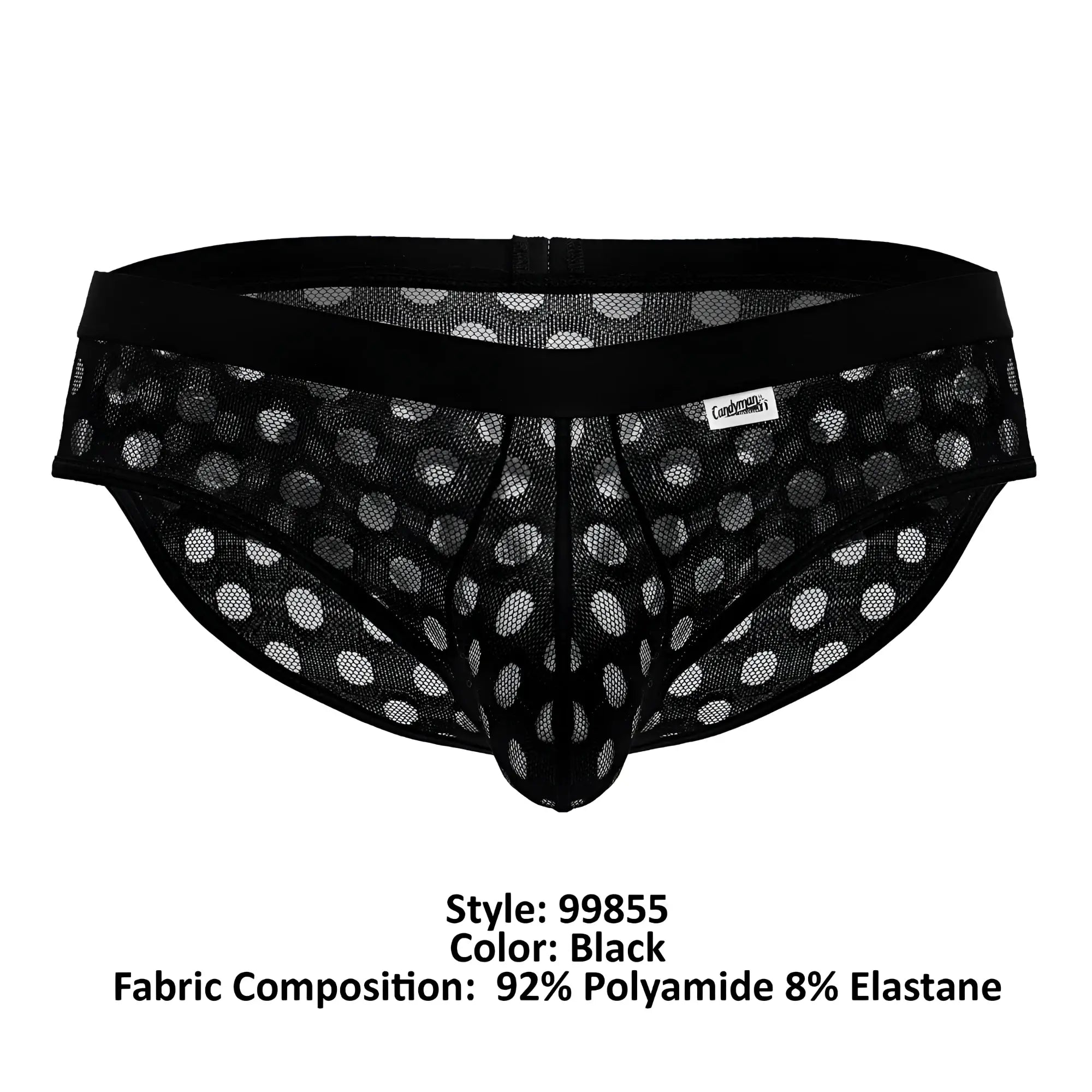 Candyman 99855 black mesh briefs with polka dot pattern and solid black waistband for stylish comfort